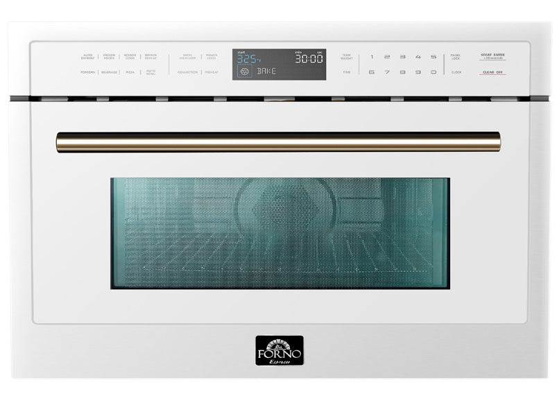 Forno 5-Piece Appliance Package - 30-Inch Electric Range, Under Cabinet Range Hood, Refrigerator with Water Dispenser, Dishwasher, and 30-Inch Microwave Oven in White with Antique Brass Trim
