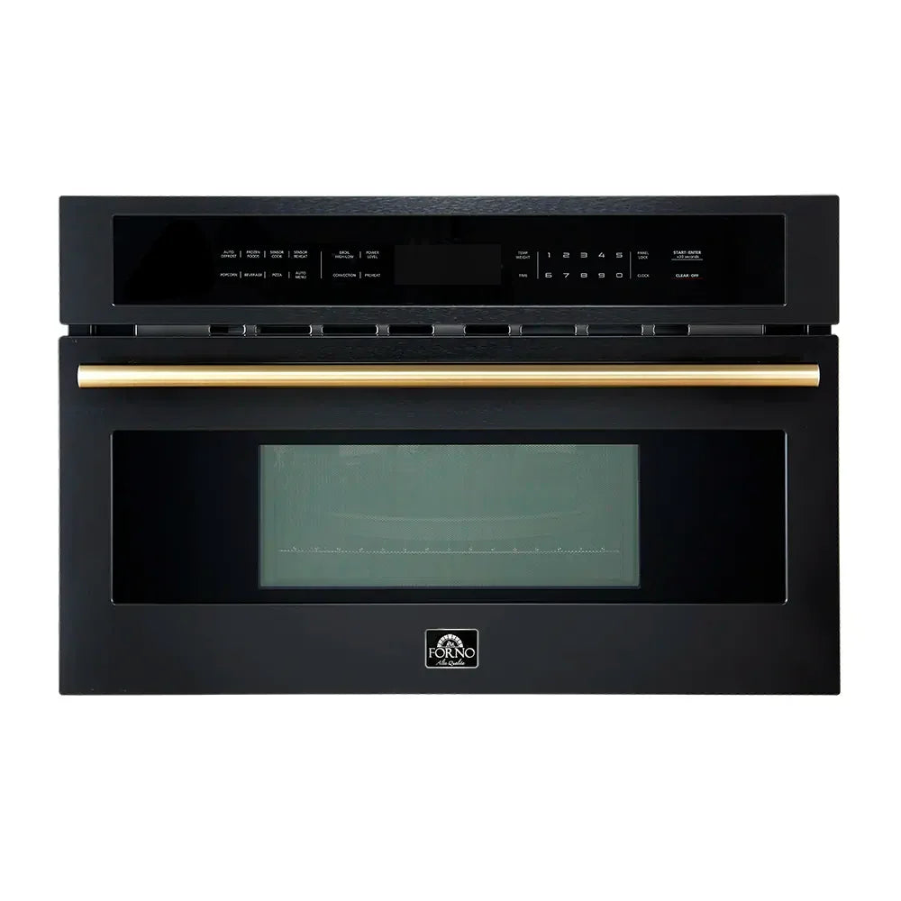 Forno Galiano 5-Piece Appliance Package - 48-Inch Dual Fuel Range, 48-Inch Hood, 36-Inch Refrigerator, 24-Inch Dishwasher, & 30-Inch Microwave Oven in Black with Antique Brass Trim