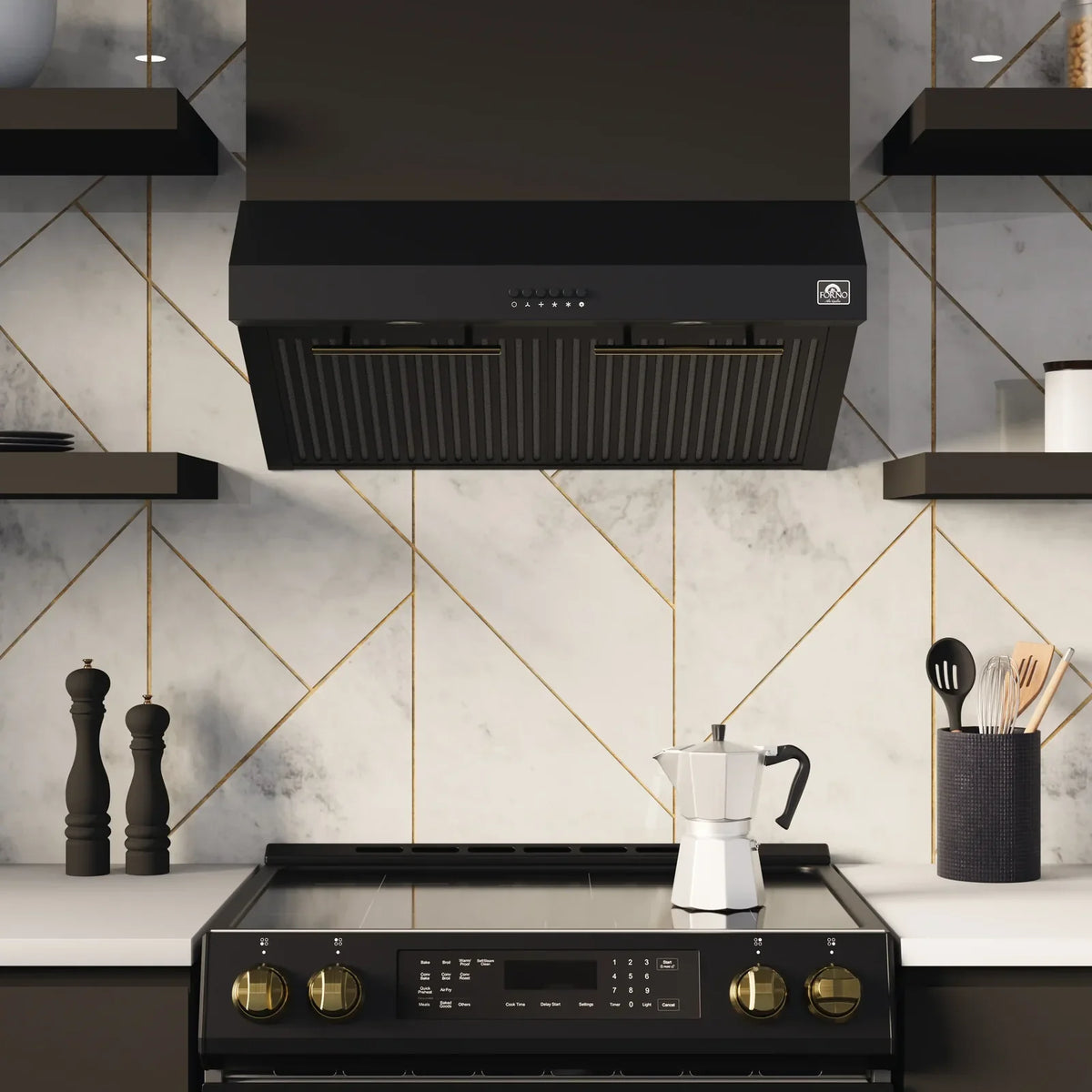 Forno Espresso 3-Piece Appliance Package - 30-Inch Electric Range with 5.0 Cu.Ft. Electric Oven, Built-In Refrigerator, and Under Cabinet Range Hood in Black with Antique Brass Trim