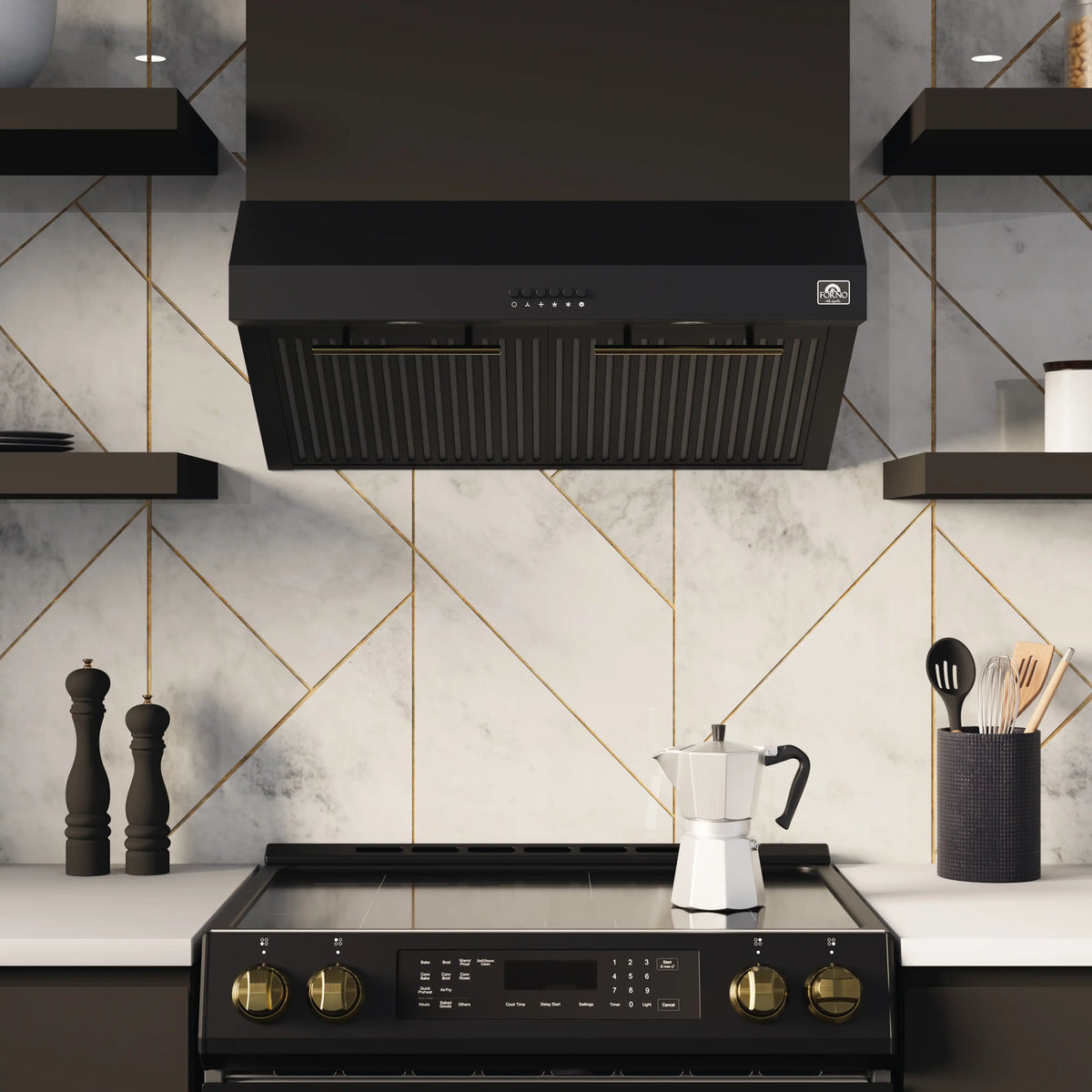 Forno 5-Piece Appliance Package - 30-Inch Inducton Range, Under Cabinet Range Hood, Refrigerator with Water Dispenser, Dishwasher, and 24-Inch Microwave Oven in Black with Antique Brass Trim