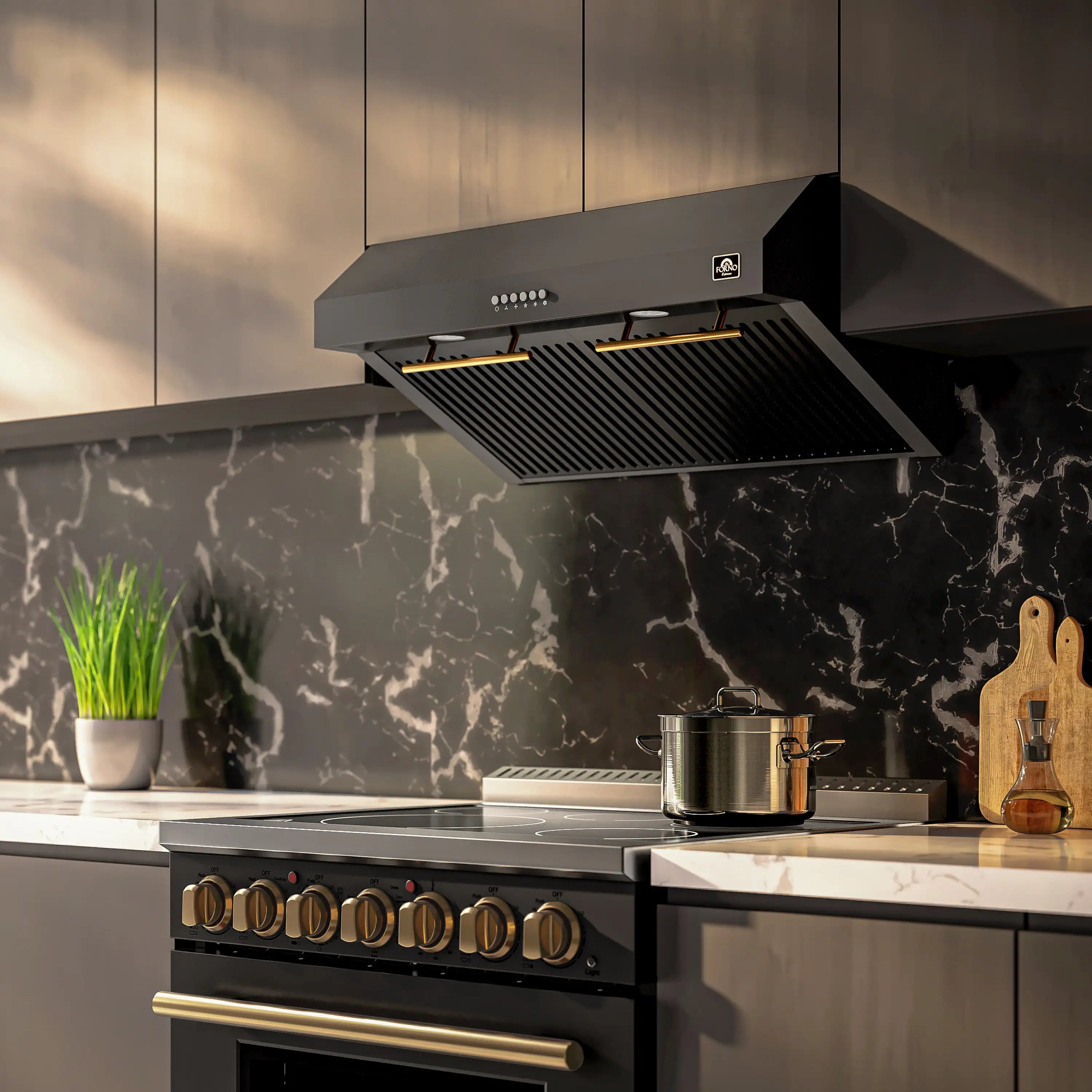 Forno Bari Espresso 30-Inch 400 CFM Under Cabinet Range Hood in Black with Antique Brass Trim (FRHUC5255-30BLK)
