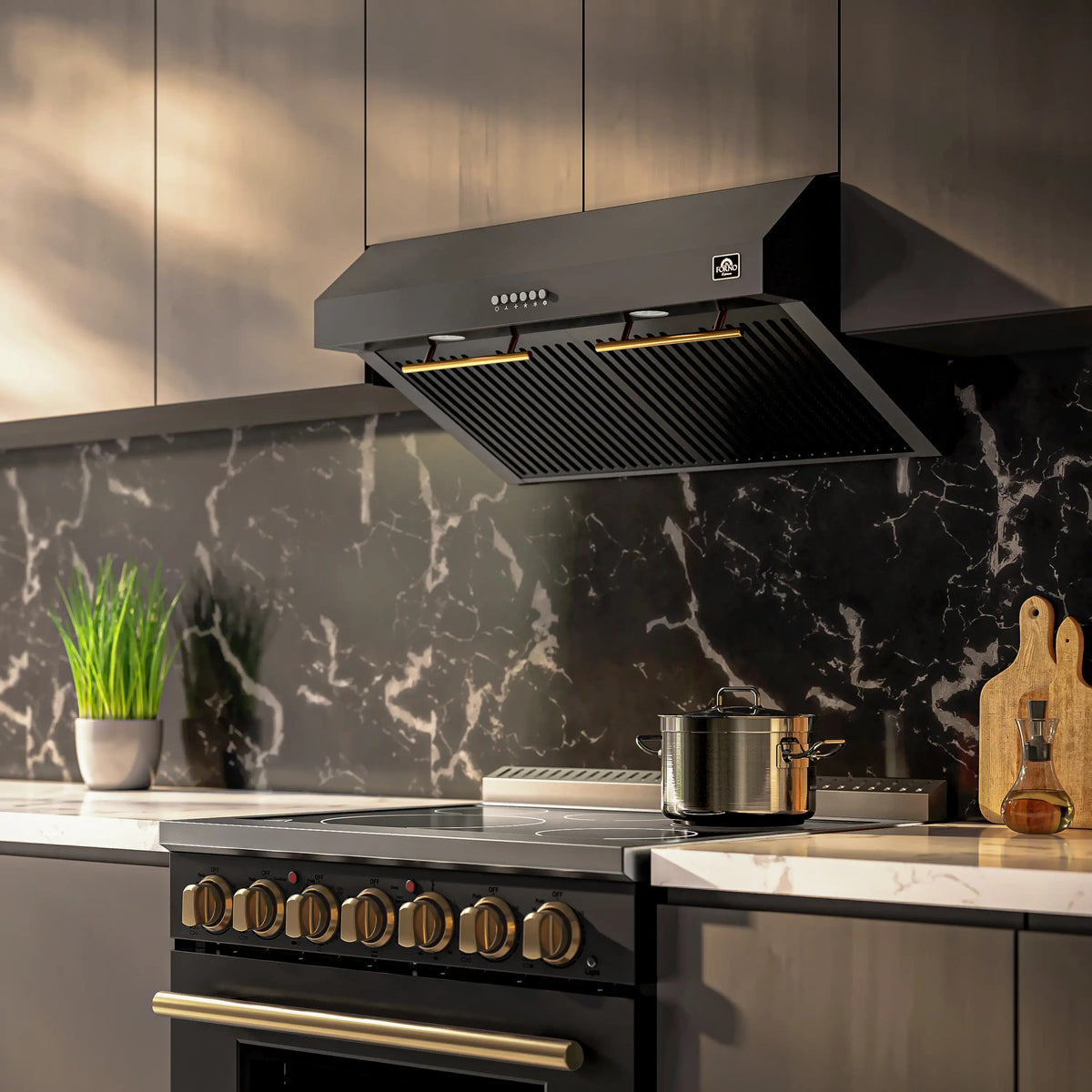 Forno Espresso 3-Piece Appliance Package - 30-Inch Electric Range with 5.0 Cu.Ft. Electric Oven, Built-In Refrigerator, and Under Cabinet Range Hood in Black with Antique Brass Trim