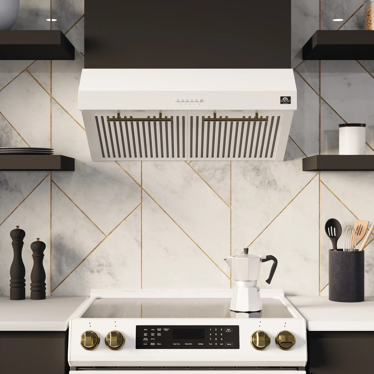 Forno 5-Piece Appliance Package - 30-Inch Electric Range, Under Cabinet Range Hood, Refrigerator with Water Dispenser, Dishwasher, and 30-Inch Microwave Drawer in White with Stainless Steel Trim