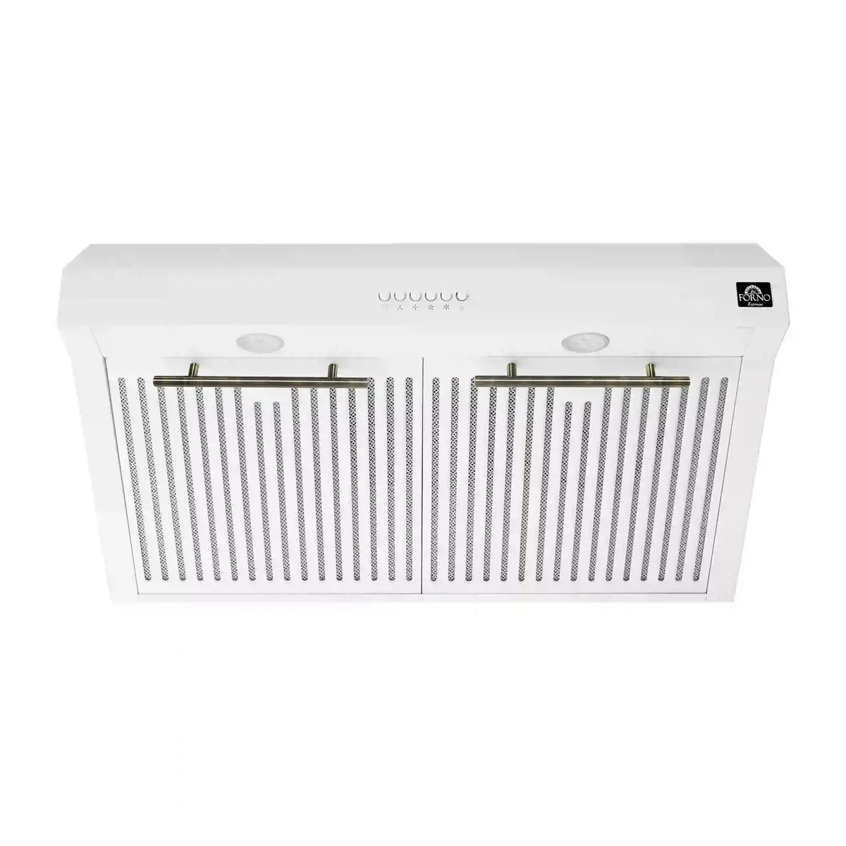 Forno Espresso 3-Piece Appliance Package - 30-Inch Electric Range with 5.0 Cu.Ft. Electric Oven, Built-In Refrigerator, and Under Cabinet Range Hood in White with Antique Brass Trim