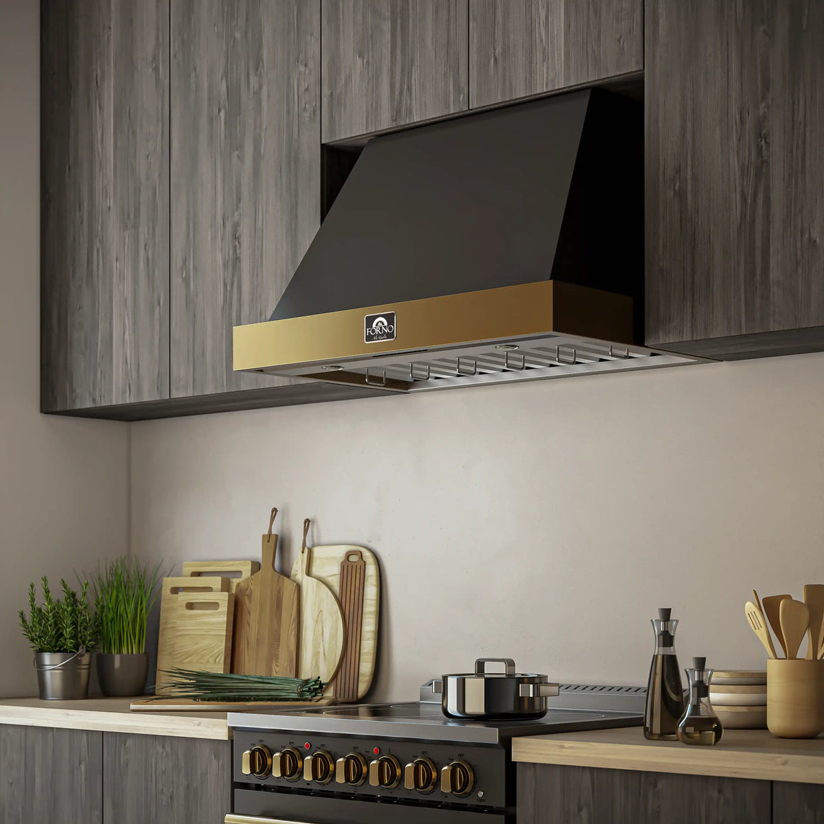 Forno 4-Piece Appliance Package - 36-Inch Gas Range, Wall Mount Range Hood, 60-Inch Convertible Refrigerator with Modern Grille Trim, and Dishwasher in Black with Antique Brass Trim