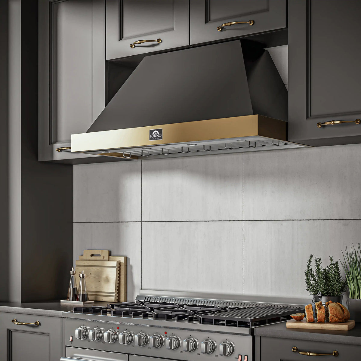 Forno 5-Piece Appliance Package - 48-Inch Gas Range, 60-Inch Convertible Refrigerator with Modern Grille Trim, Dishwasher, and 24-Inch Microwave Drawer in Black with Antique Brass Trim