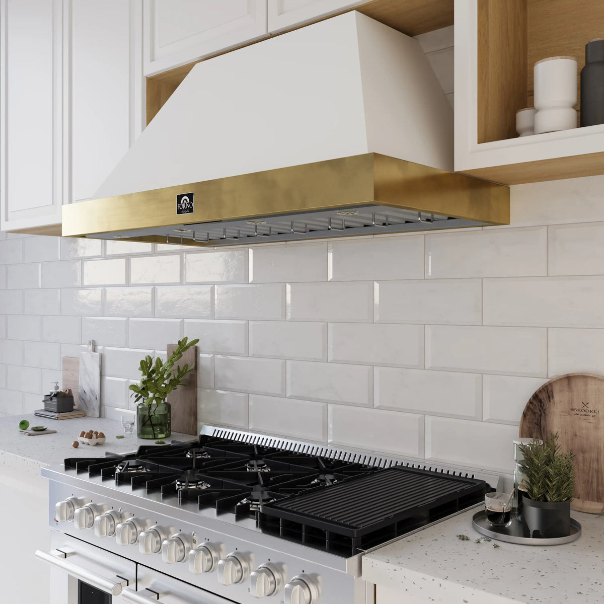 Forno 5-Piece Appliance Package - 48-Inch Gas Range, Wall Mount Range Hood, 60-Inch Refrigerator, Dishwasher, & 30-Inch Microwave Oven in White with Antique Brass Trim