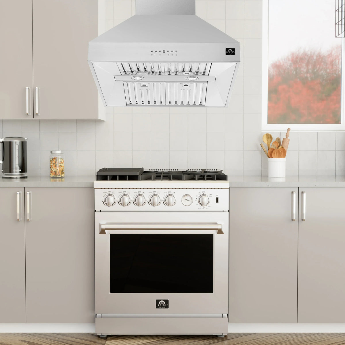Forno 5-Piece Appliance Package - 30-Inch Electric Range, Wall Mount Range Hood, Pro-Style Refrigerator, Dishwasher, and 24-Inch Microwave Oven in Stainless Steel