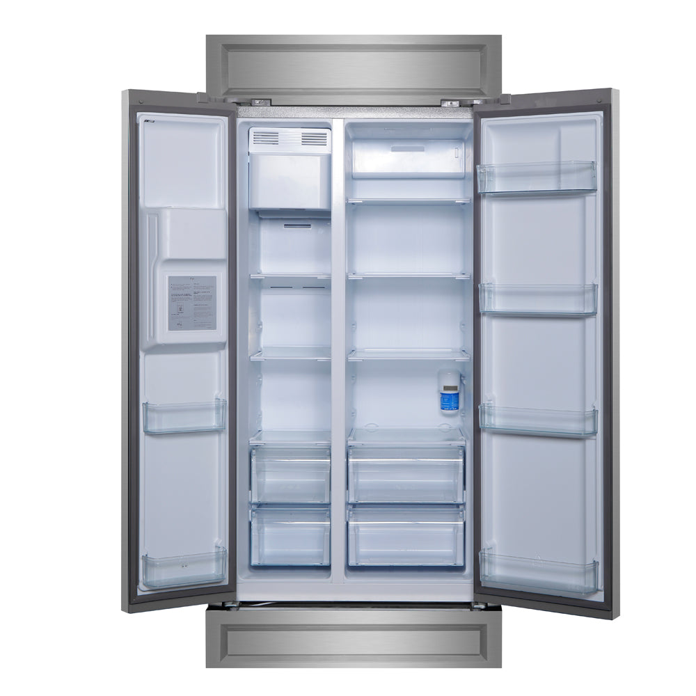 Forno Salerno 36-Inch Built-in Stainless-Steel Refrigerator with 20 cu. ft Capacity, Water Dispenser, and Decorative Grille (FFRBI1844-40MG)