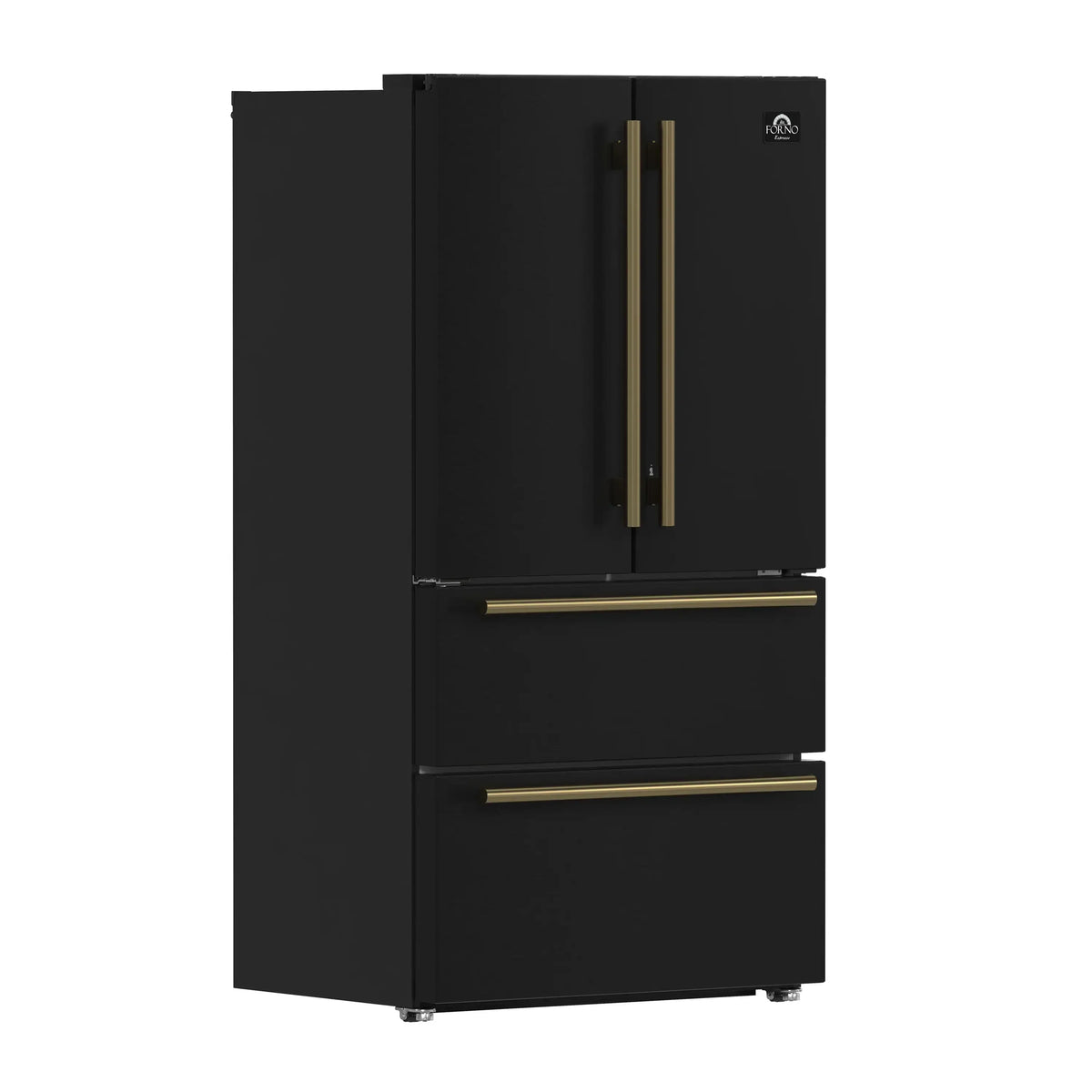 Forno 5-Piece Appliance Package - 48-Inch Electric Range, Wall Mount Range Hood, 36-Inch Refrigerator, Dishwasher, and 24-Inch Microwave Drawer in Black with Antique Brass Trim