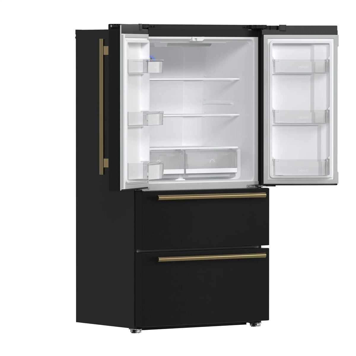 Forno 4-Piece Appliance Package - 36-Inch Dual Fuel Range, Wall Mount Range Hood, 36-Inch French Door Refrigerator, and Dishwasher in Black with Antique Brass Trim