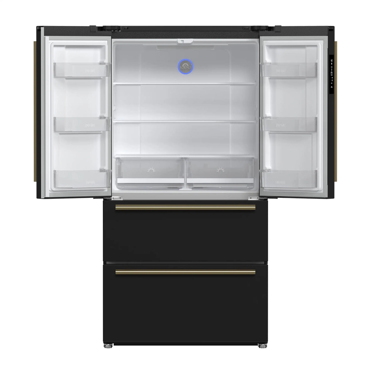 Forno 5-Piece Appliance Package - 36-Inch Dual Fuel Range, Wall Mount Range Hood, 36-Inch Refrigerator, Dishwasher, and 24-Inch Microwave Drawer in Black with Antique Brass Trim