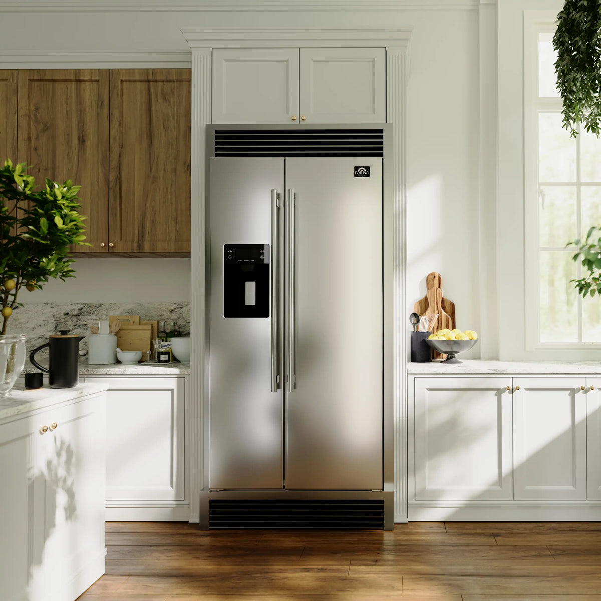 Forno 36-Inch Built-In Side-by-Side 20 cu.ft Refrigerator in Stainless Steel with Water Dispenser and Ice Maker with Grille (FFRBI1844-40SG)