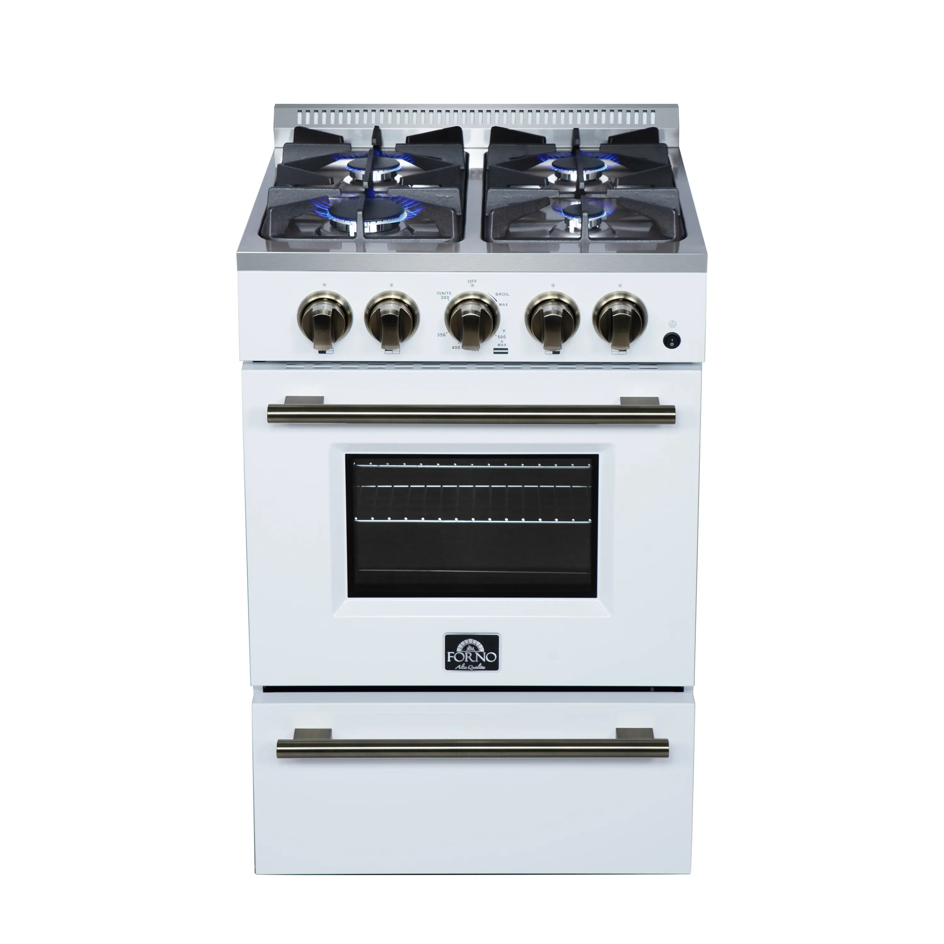 Forno Breno 24-Inch Freestanding Gas Range in White with Antique Brass Trim (FFSGS6272-24WHT)