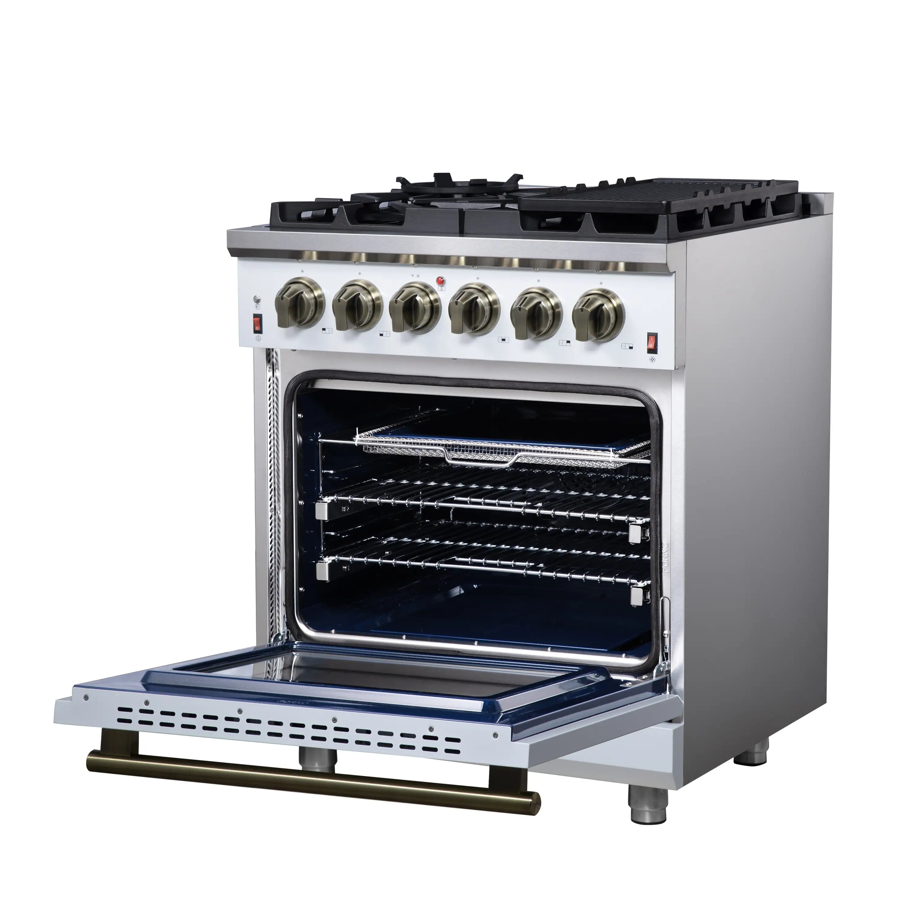 Forno Massimo 30-Inch Freestanding Gas Range with 4 Burners and 4.32 Cu. Ft. Convection Oven in White with Antique Brass Handle (FFSGS6239-30WHT)