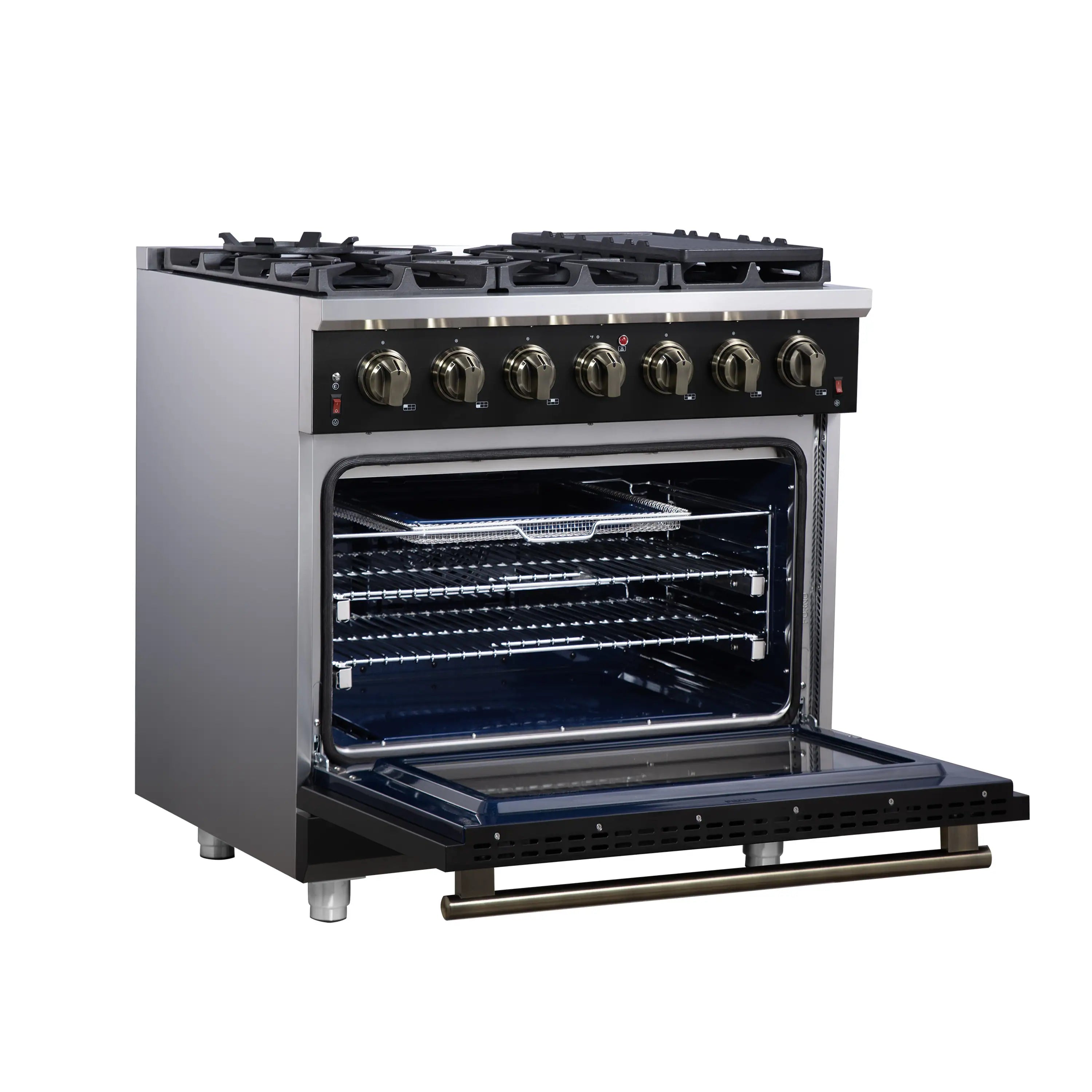 Forno Massimo 36-Inch Freestanding Gas Range with 6 Burners &  5.36 Cu.Ft. Convection Oven in Black with Antique Brass Handle (FFSGS6239-36BLK)