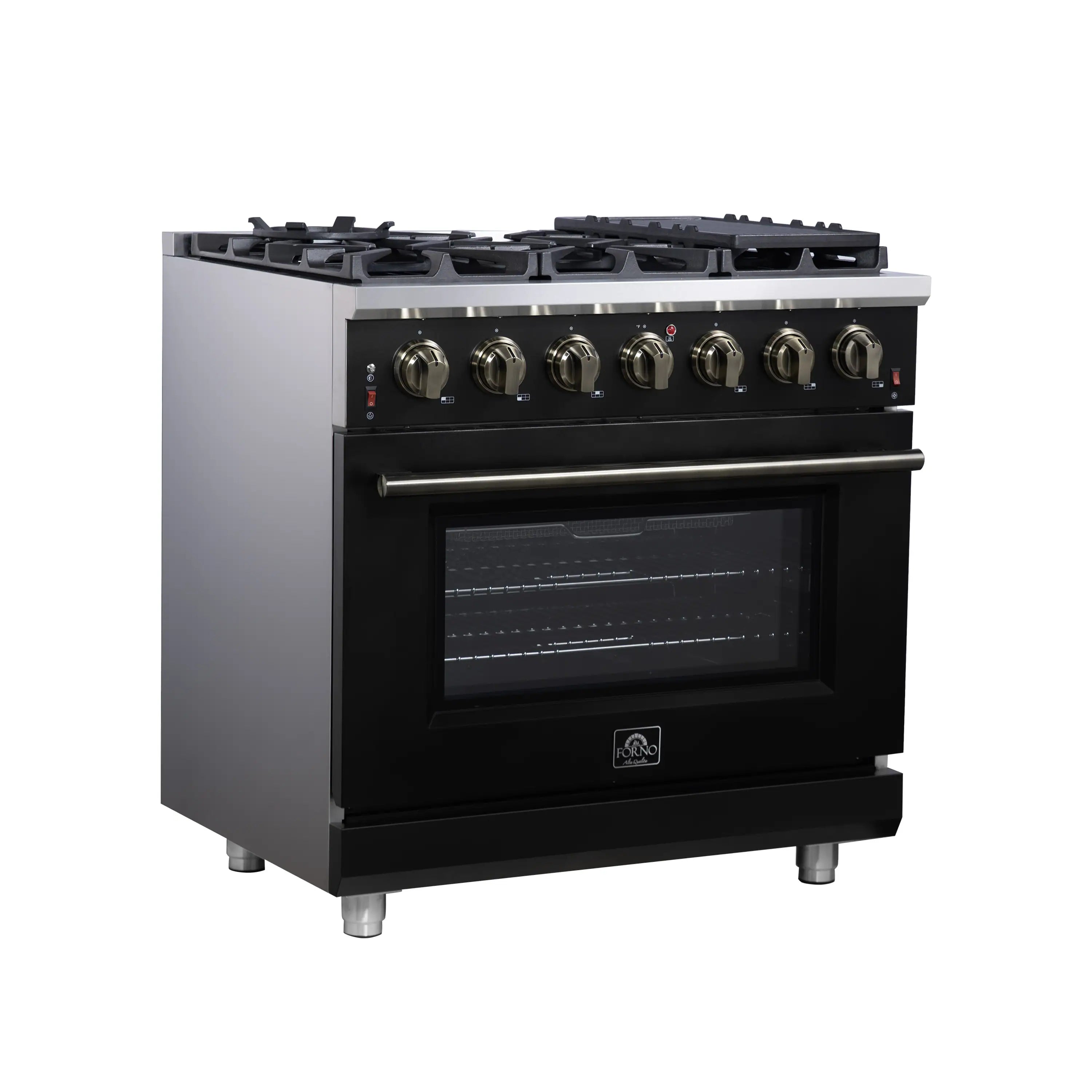 Forno Massimo 36-Inch Freestanding Gas Range with 6 Burners &  5.36 Cu.Ft. Convection Oven in Black with Antique Brass Handle (FFSGS6239-36BLK)