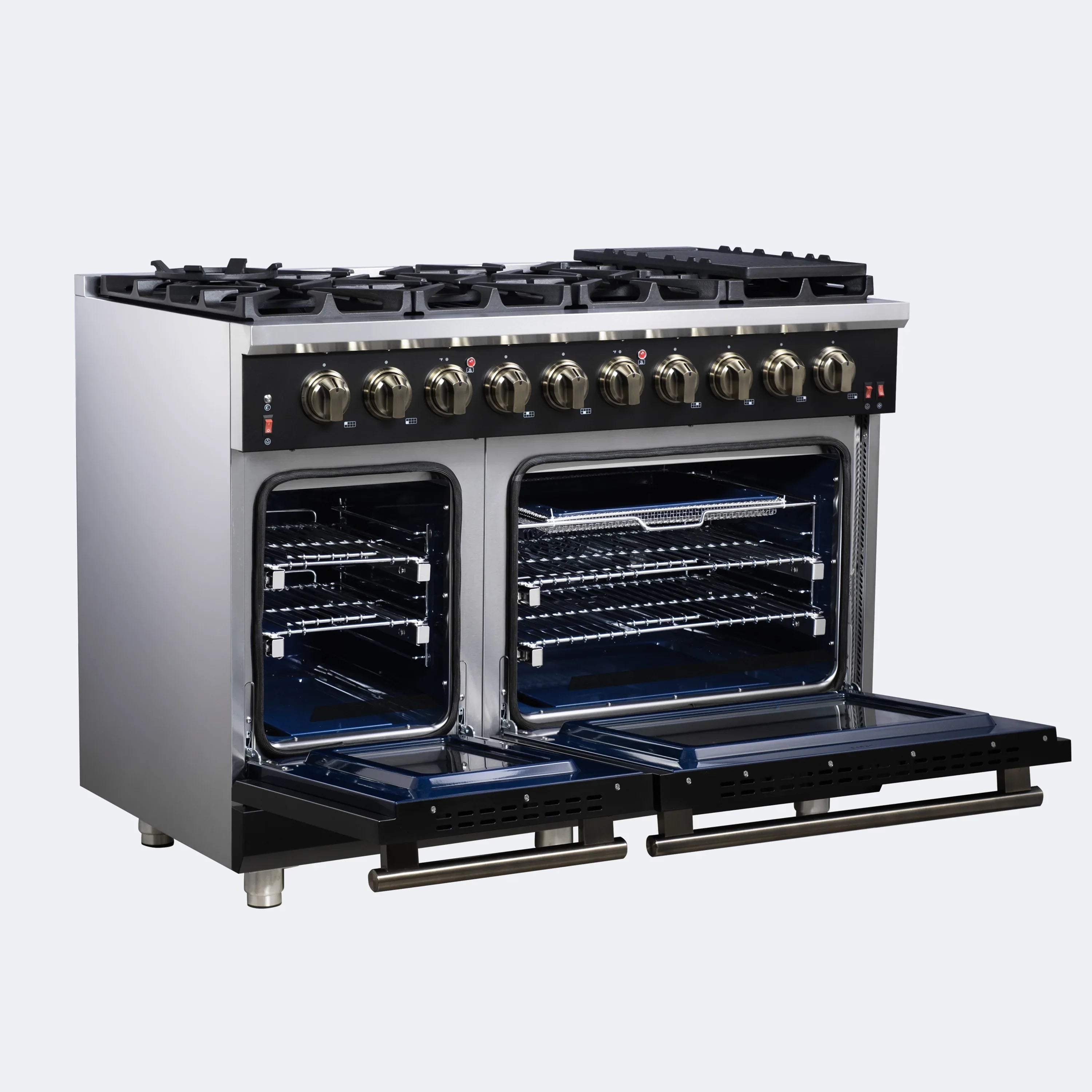 Forno Massimo 48-Inch Freestanding Gas Range with 8 Burners &  6.58 Cu.Ft. Convection Oven in Black with Antique Brass Handle (FFSGS6239-48BLK)