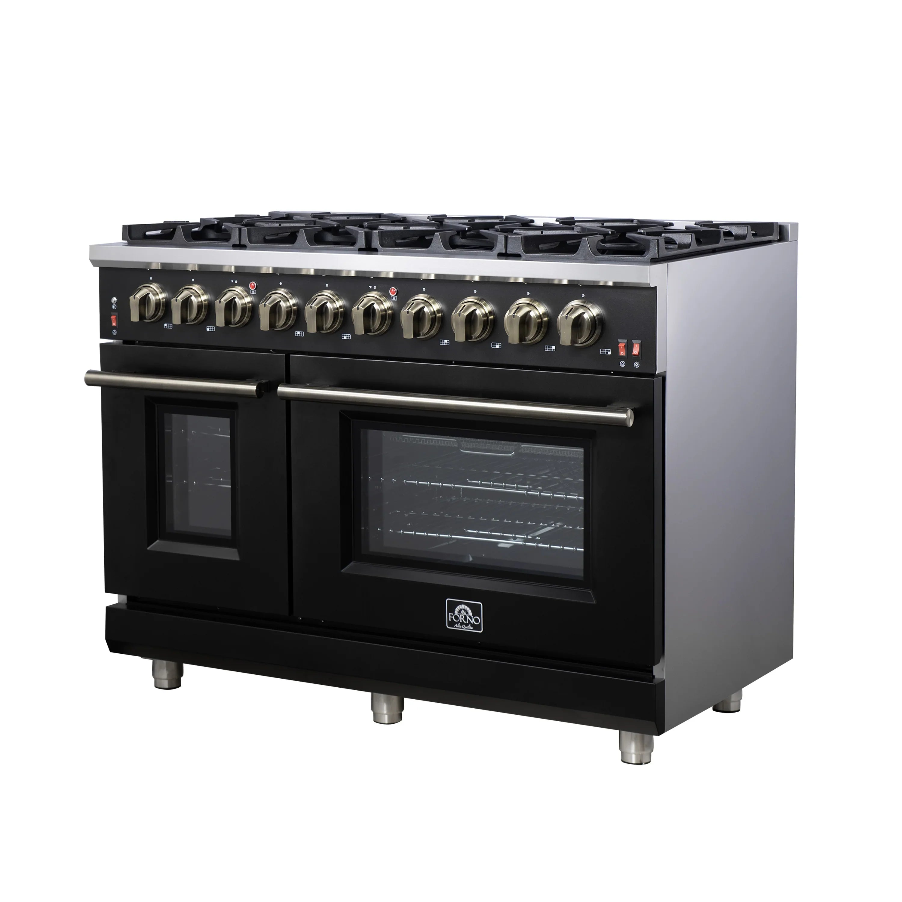 Forno Massimo 48-Inch Freestanding Gas Range with 8 Burners &  6.58 Cu.Ft. Convection Oven in Black with Antique Brass Handle (FFSGS6239-48BLK)