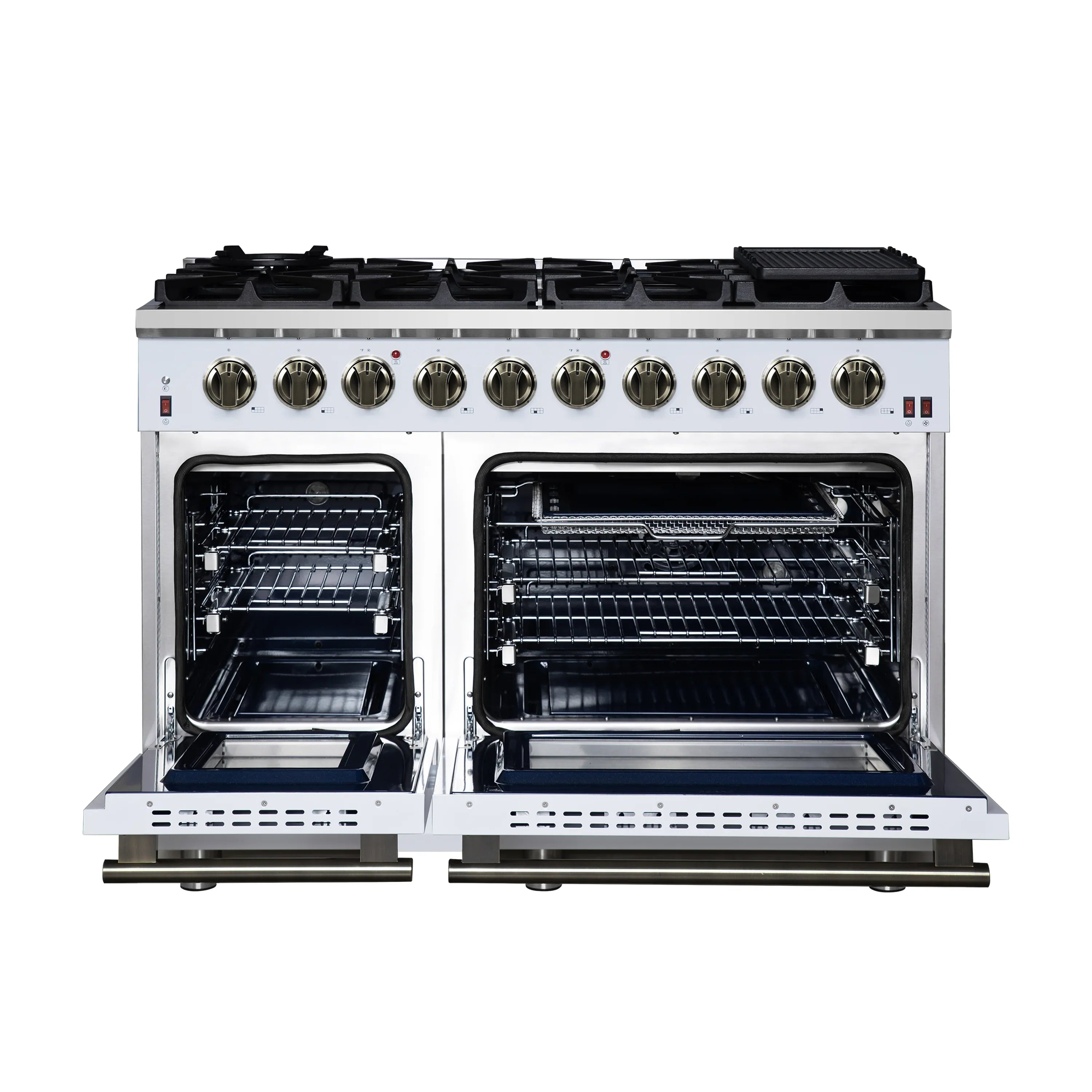 Forno Massimo 48-Inch Freestanding Gas Range with 8 Burners &  6.58 Cu.Ft. Convection Oven in White with Antique Brass Handle (FFSGS6239-48WHT)