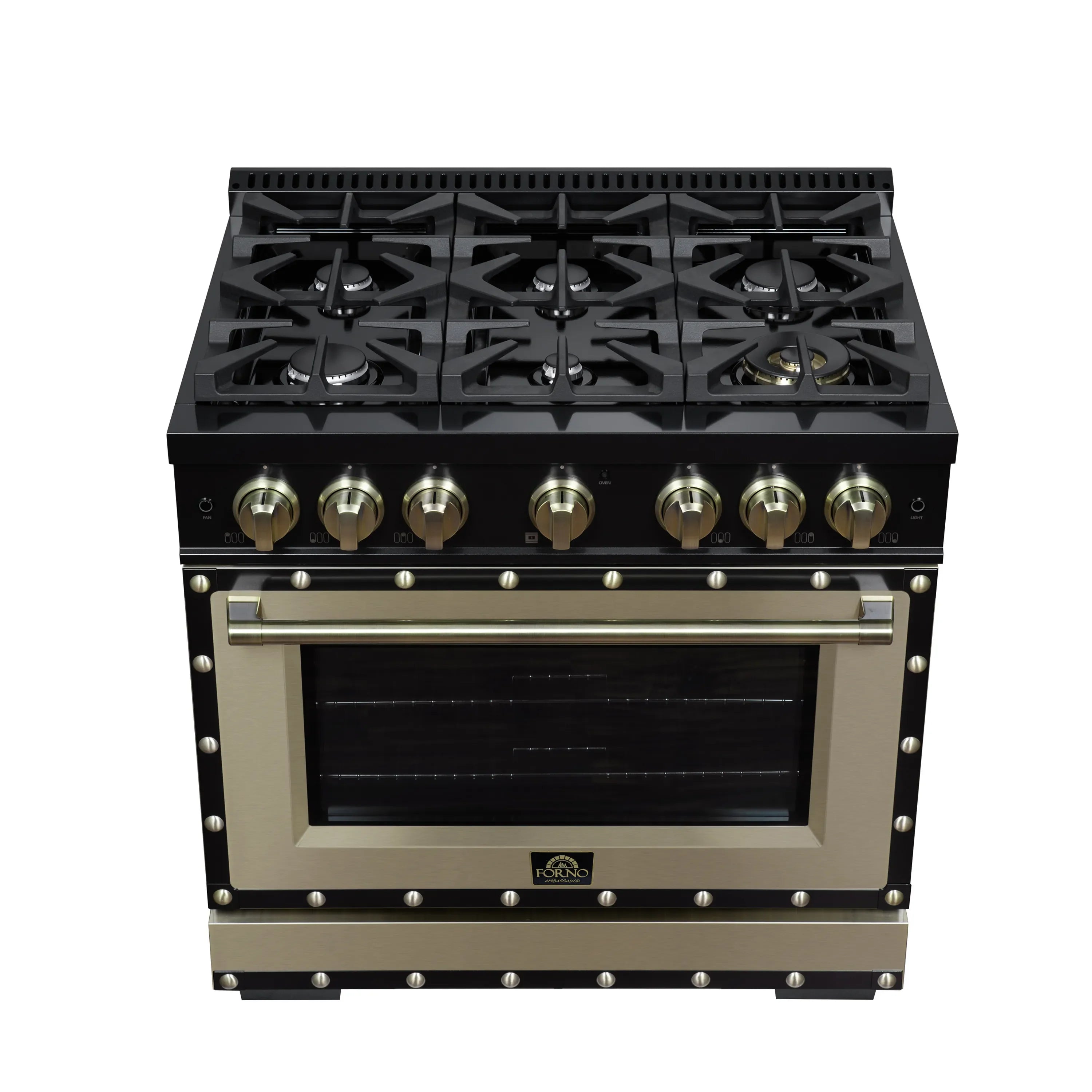 FORNO Valente 36-Inch Gas Range in Black with Antique Brass Handle and Decorative Copper Trim, 5.2 Cu.Ft. Convection Oven, 6 Sealed Burnes, 71 000 BTU Cooktop Output, Telescopic Racks (FFSGS6299-36CPBLK)