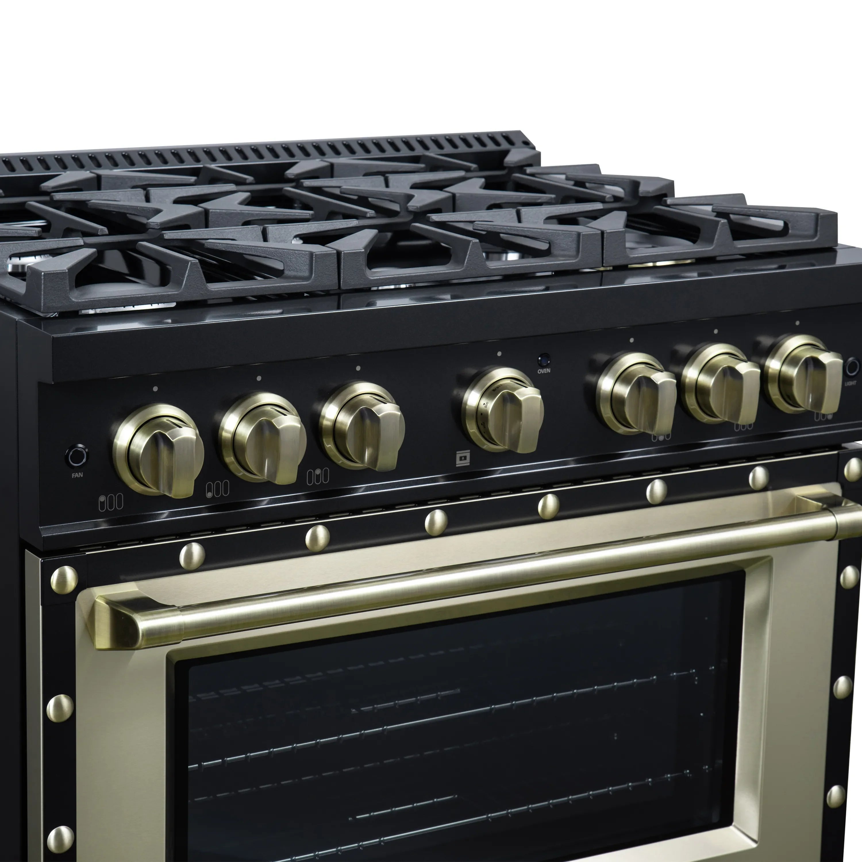 FORNO Valente 36-Inch Gas Range in Black with Antique Brass Handle and Decorative Copper Trim, 5.2 Cu.Ft. Convection Oven, 6 Sealed Burnes, 71 000 BTU Cooktop Output, Telescopic Racks (FFSGS6299-36CPBLK)