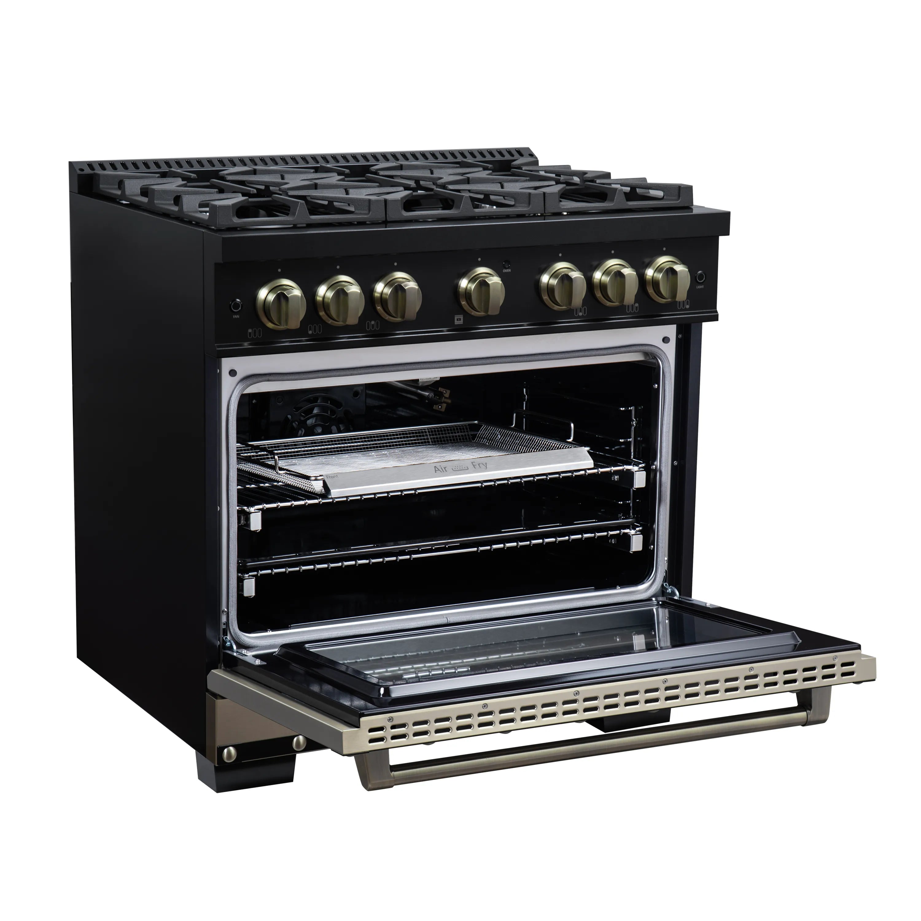 FORNO Valente 36-Inch Gas Range in Black with Antique Brass Handle and Decorative Copper Trim, 5.2 Cu.Ft. Convection Oven, 6 Sealed Burnes, 71 000 BTU Cooktop Output, Telescopic Racks (FFSGS6299-36CPBLK)