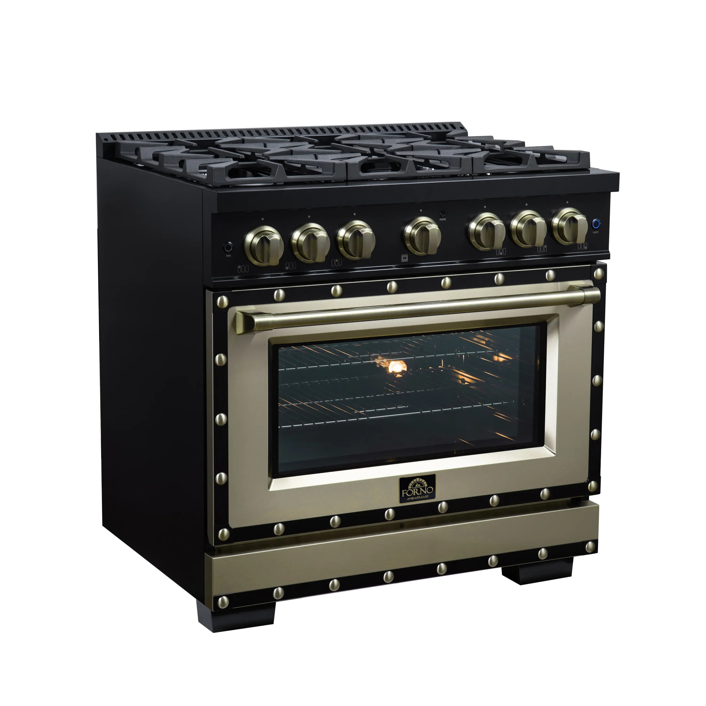 FORNO Valente 36-Inch Gas Range in Black with Antique Brass Handle and Decorative Copper Trim, 5.2 Cu.Ft. Convection Oven, 6 Sealed Burnes, 71 000 BTU Cooktop Output, Telescopic Racks (FFSGS6299-36CPBLK)
