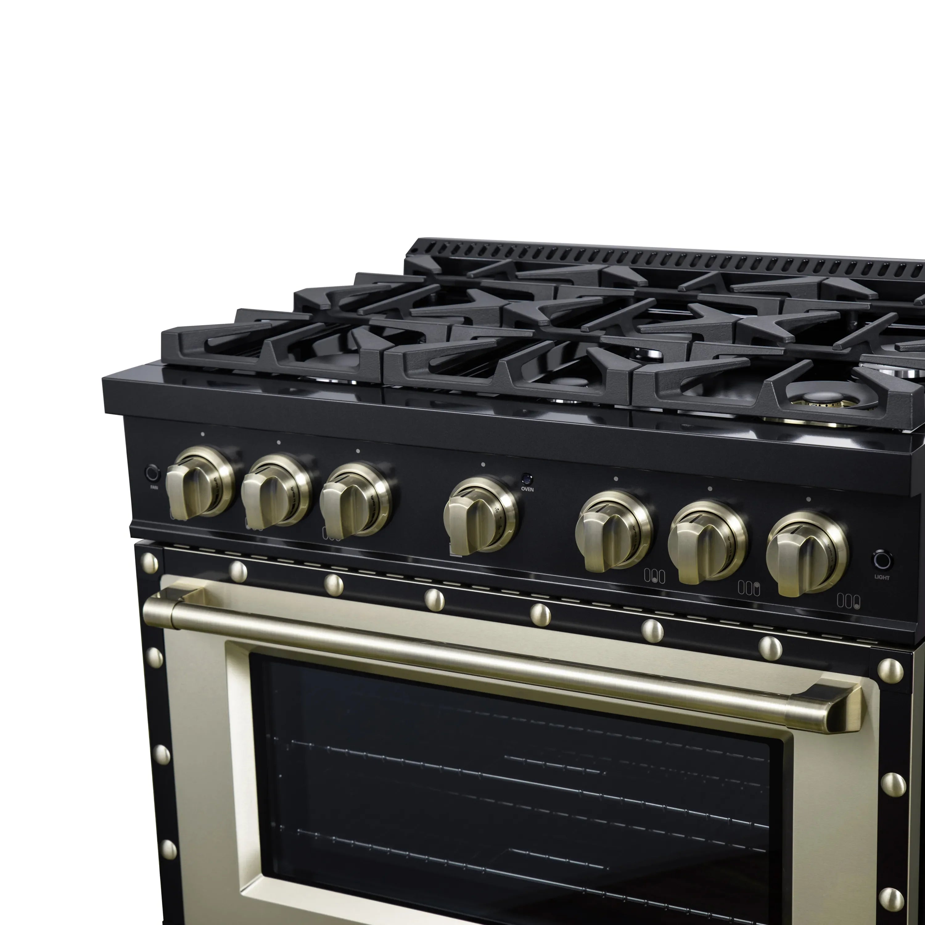FORNO Valente 36-Inch Gas Range in Black with Antique Brass Handle and Decorative Copper Trim, 5.2 Cu.Ft. Convection Oven, 6 Sealed Burnes, 71 000 BTU Cooktop Output, Telescopic Racks (FFSGS6299-36CPBLK)