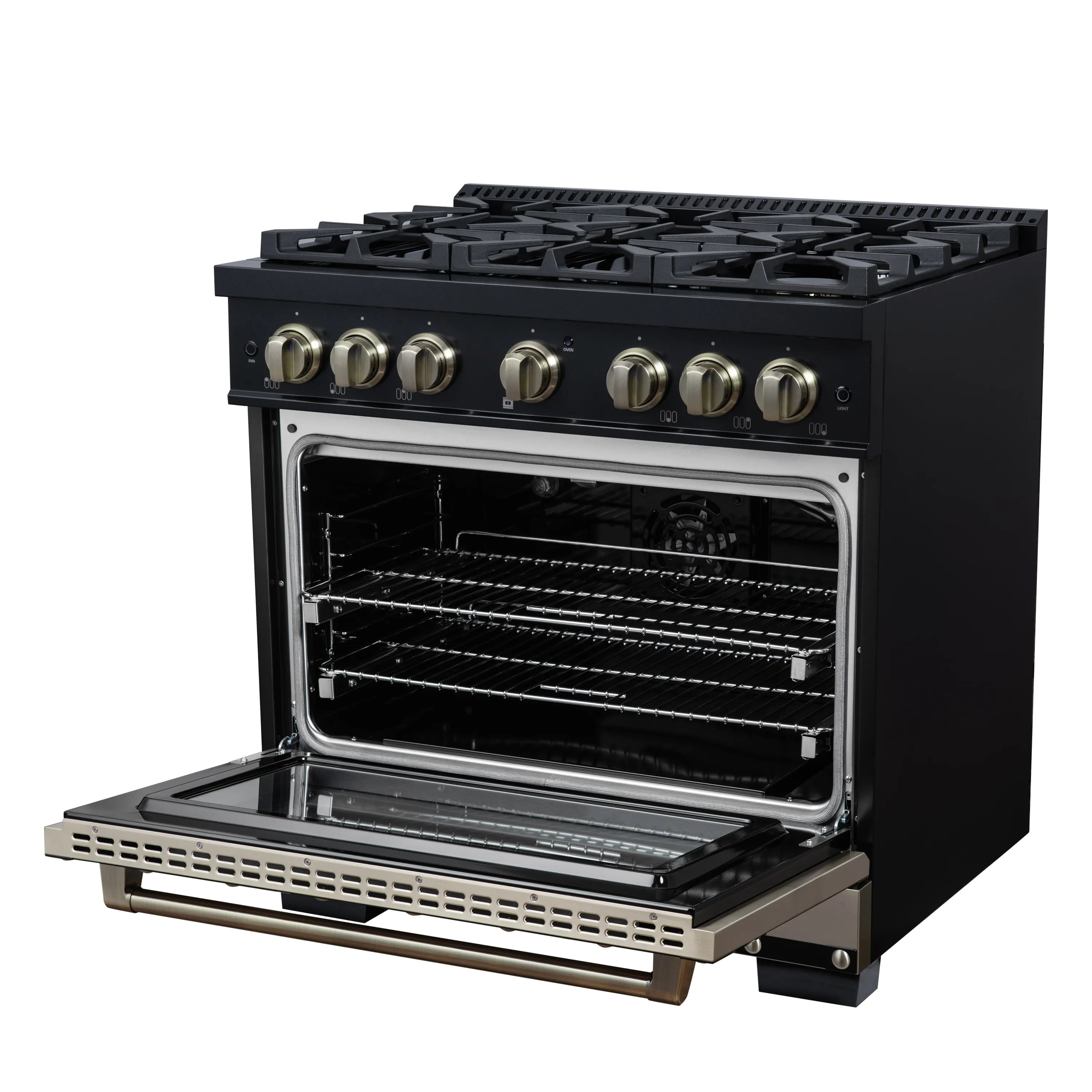 FORNO Valente 36-Inch Gas Range in Black with Antique Brass Handle and Decorative Copper Trim, 5.2 Cu.Ft. Convection Oven, 6 Sealed Burnes, 71 000 BTU Cooktop Output, Telescopic Racks (FFSGS6299-36CPBLK)
