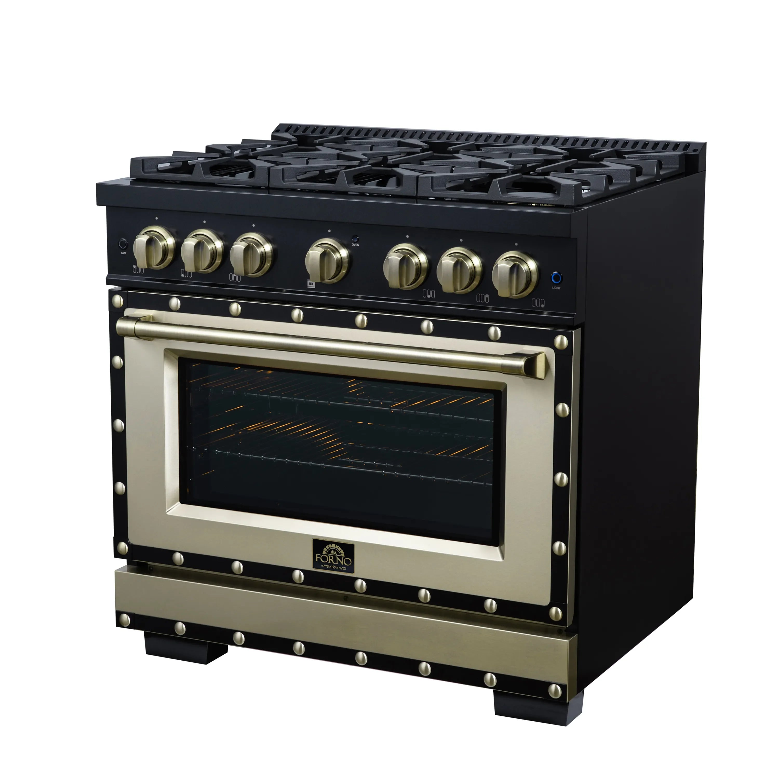 FORNO Valente 36-Inch Gas Range in Black with Antique Brass Handle and Decorative Copper Trim, 5.2 Cu.Ft. Convection Oven, 6 Sealed Burnes, 71 000 BTU Cooktop Output, Telescopic Racks (FFSGS6299-36CPBLK)