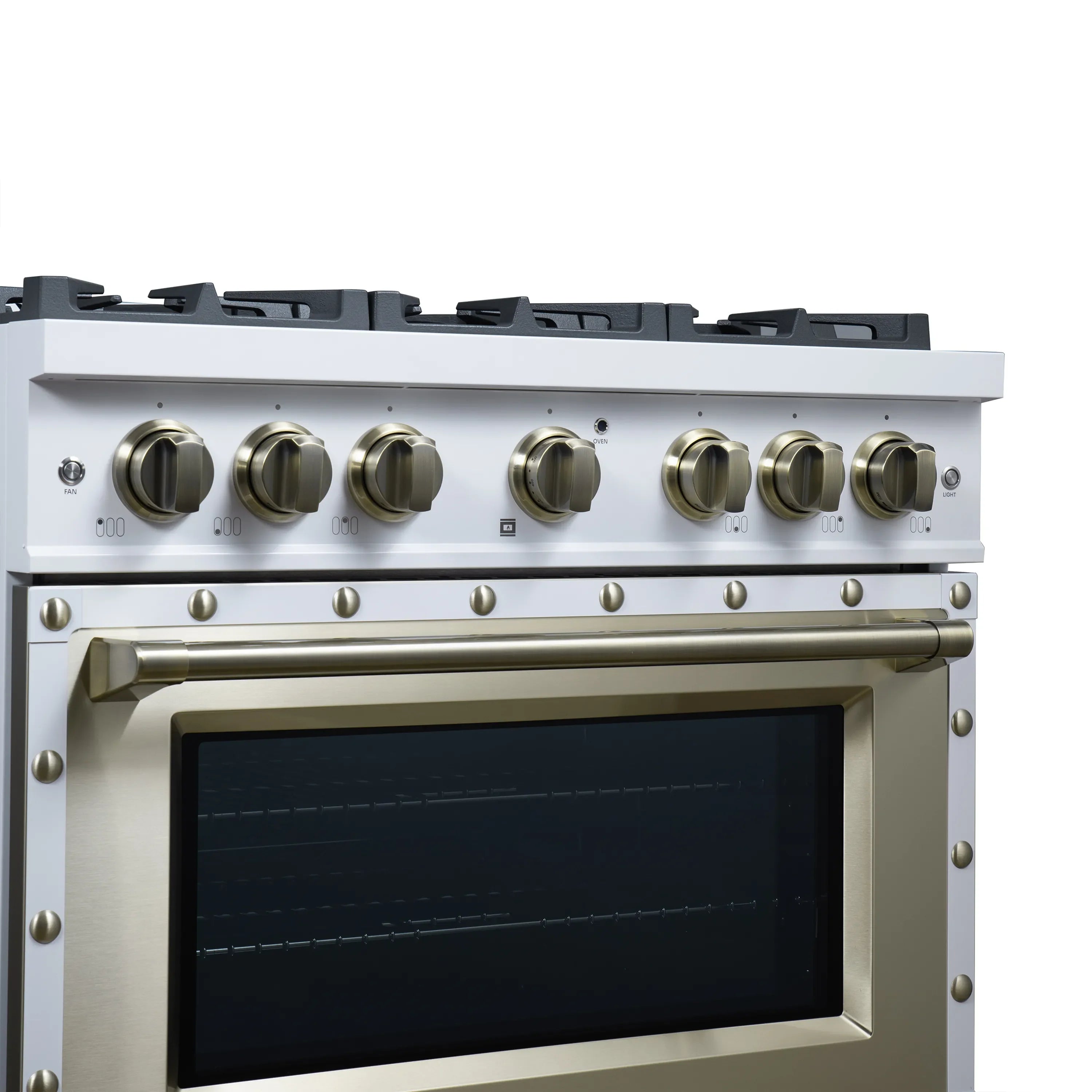 FORNO Valente 36-Inch Gas Range in White with Antique Brass Handle and Decorative Copper Trim, 5.2 Cu.Ft. Convection Oven, 6 Sealed Burnes, 71 000 BTU Cooktop Output, Telescopic Racks (FFSGS6299-36CPWHT)