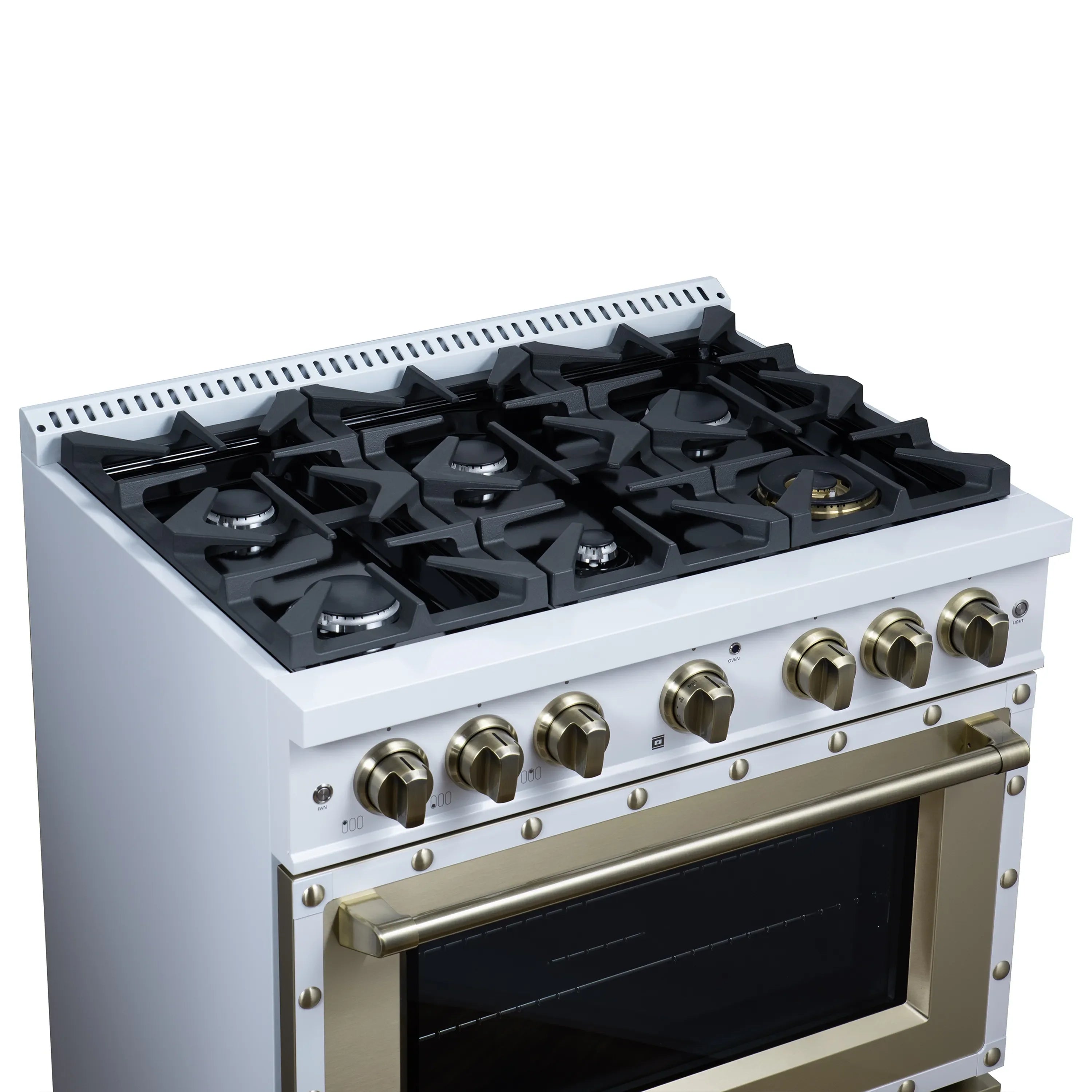 FORNO Valente 36-Inch Gas Range in White with Antique Brass Handle and Decorative Copper Trim, 5.2 Cu.Ft. Convection Oven, 6 Sealed Burnes, 71 000 BTU Cooktop Output, Telescopic Racks (FFSGS6299-36CPWHT)