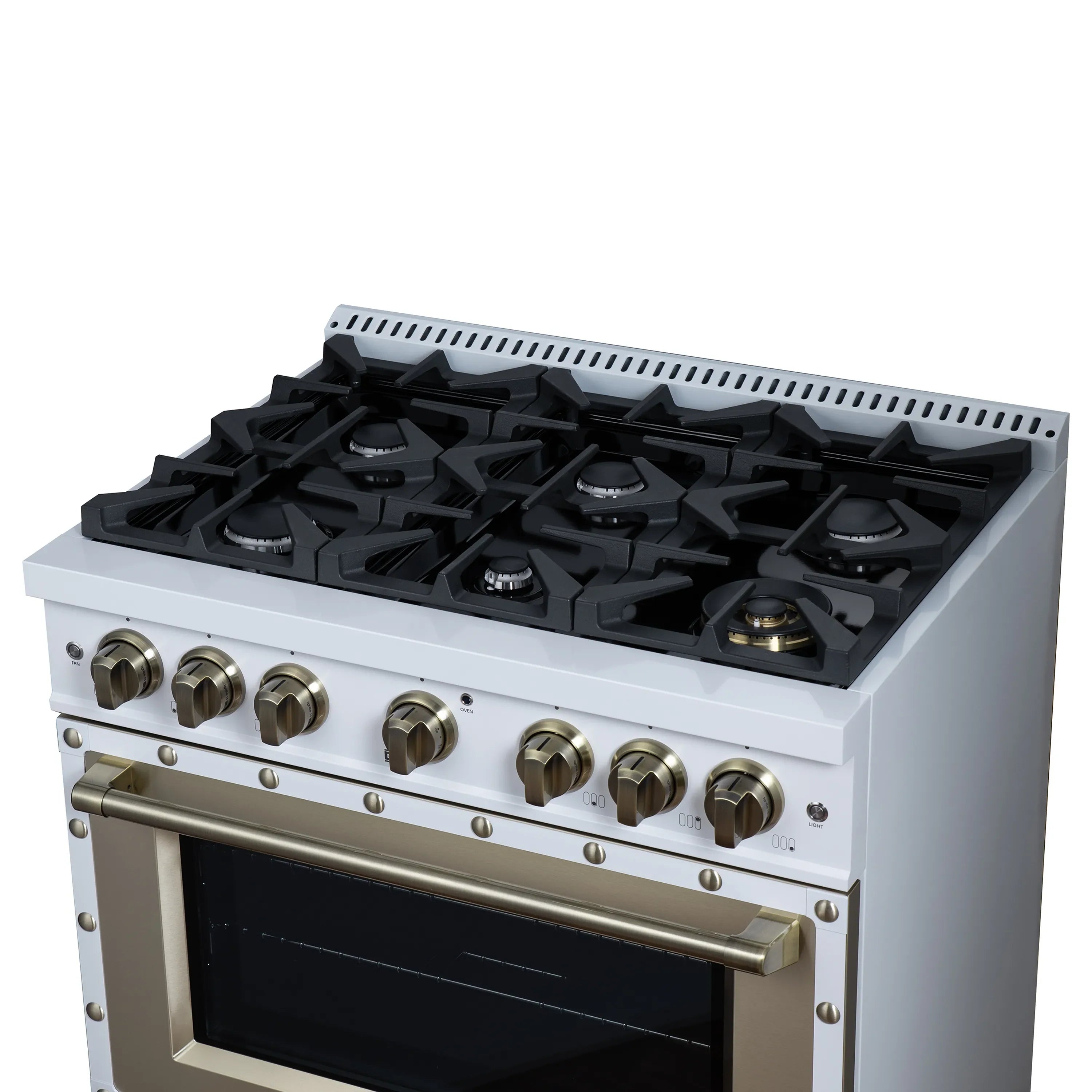 FORNO Valente 36-Inch Gas Range in White with Antique Brass Handle and Decorative Copper Trim, 5.2 Cu.Ft. Convection Oven, 6 Sealed Burnes, 71 000 BTU Cooktop Output, Telescopic Racks (FFSGS6299-36CPWHT)