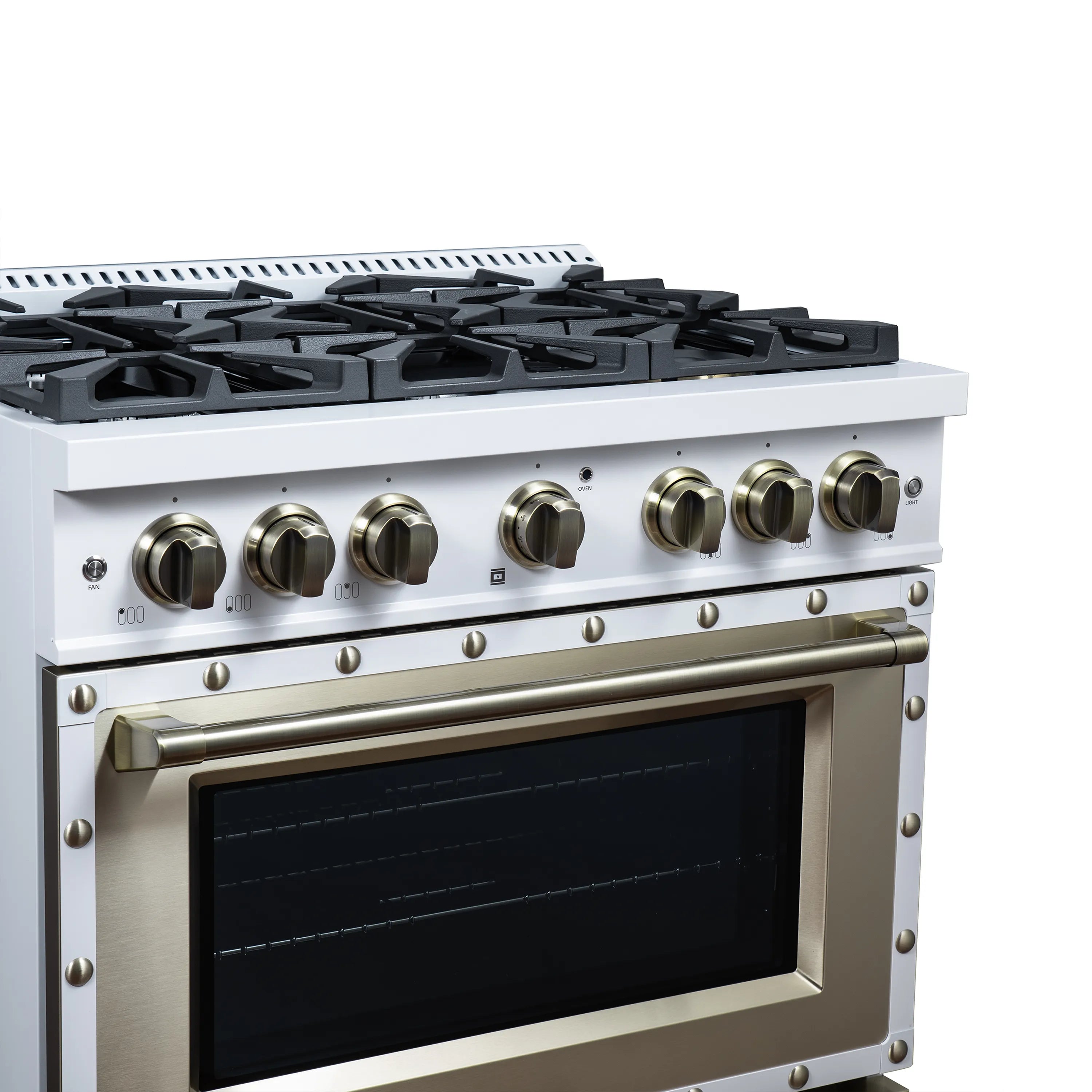 FORNO Valente 36-Inch Gas Range in White with Antique Brass Handle and Decorative Copper Trim, 5.2 Cu.Ft. Convection Oven, 6 Sealed Burnes, 71 000 BTU Cooktop Output, Telescopic Racks (FFSGS6299-36CPWHT)