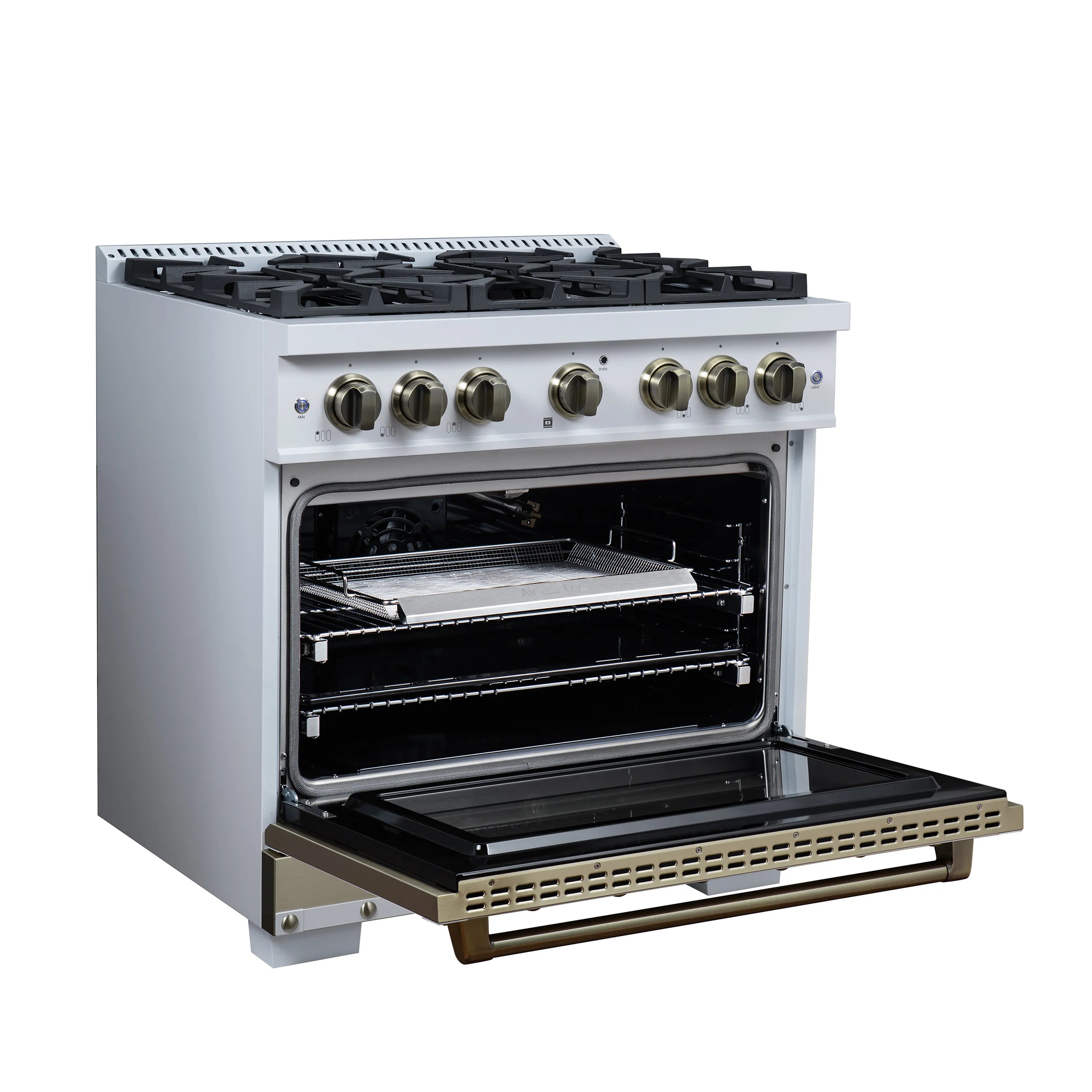 FORNO Valente 36-Inch Gas Range in White with Antique Brass Handle and Decorative Copper Trim, 5.2 Cu.Ft. Convection Oven, 6 Sealed Burnes, 71 000 BTU Cooktop Output, Telescopic Racks (FFSGS6299-36CPWHT)