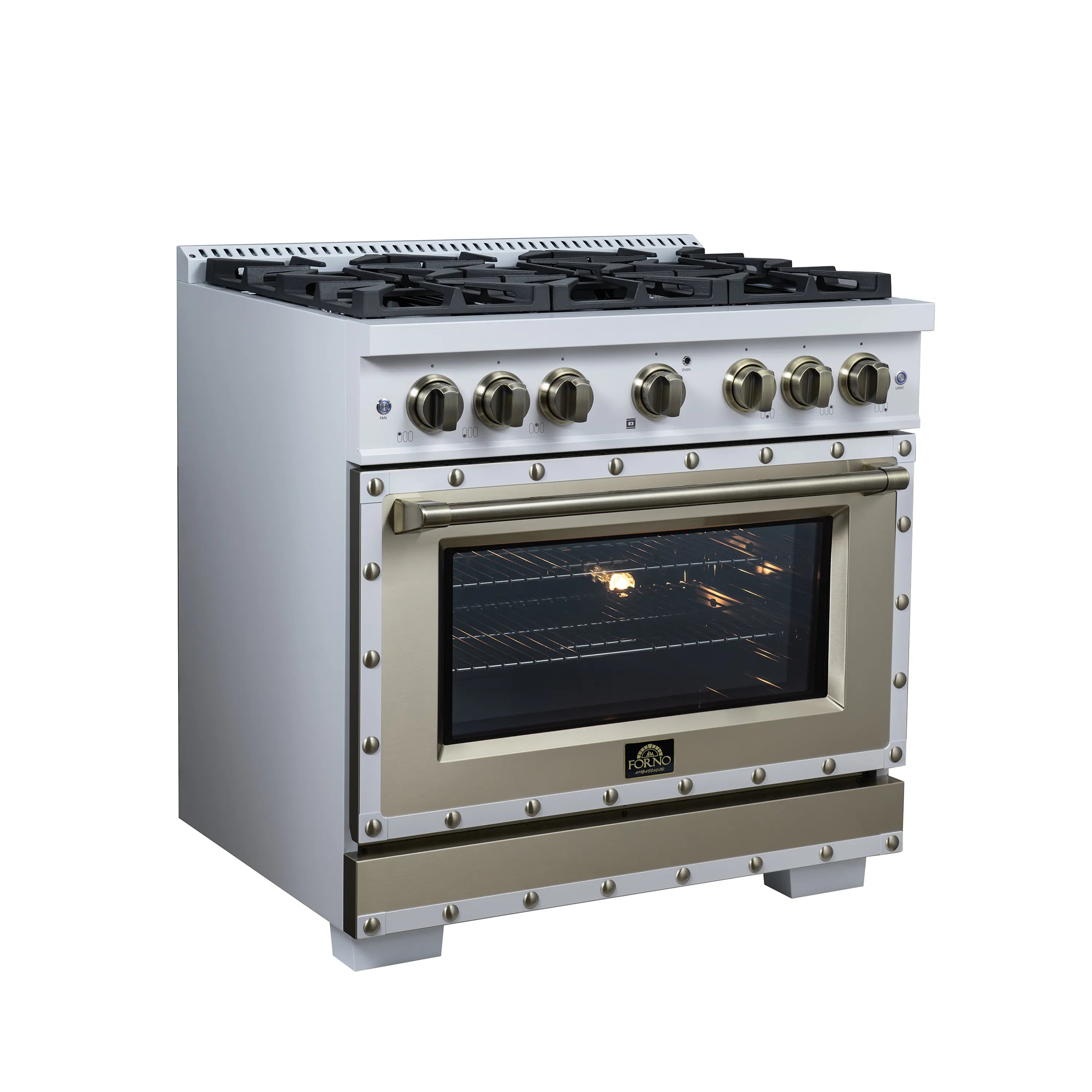 FORNO Valente 36-Inch Gas Range in White with Antique Brass Handle and Decorative Copper Trim, 5.2 Cu.Ft. Convection Oven, 6 Sealed Burnes, 71 000 BTU Cooktop Output, Telescopic Racks (FFSGS6299-36CPWHT)