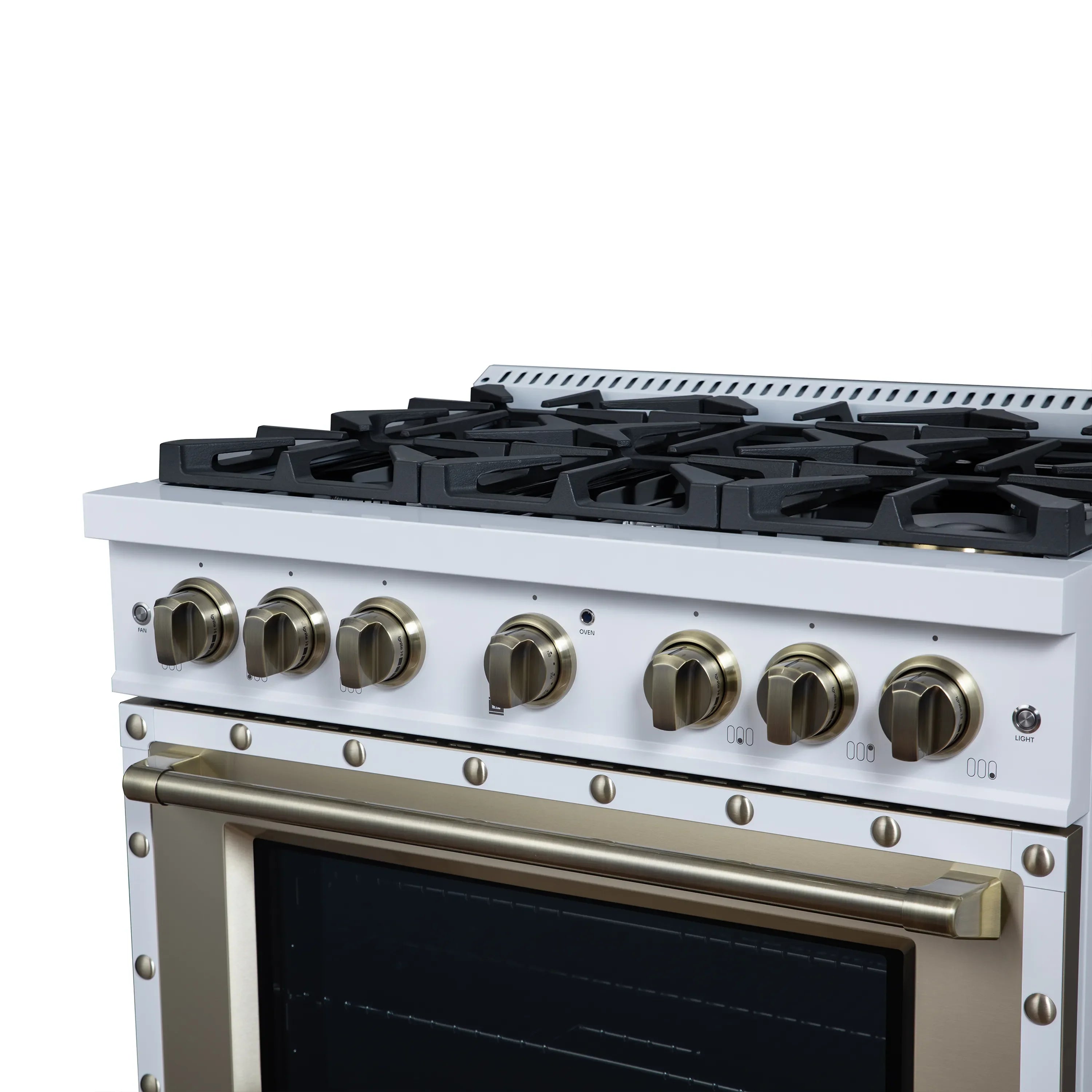 FORNO Valente 36-Inch Gas Range in White with Antique Brass Handle and Decorative Copper Trim, 5.2 Cu.Ft. Convection Oven, 6 Sealed Burnes, 71 000 BTU Cooktop Output, Telescopic Racks (FFSGS6299-36CPWHT)