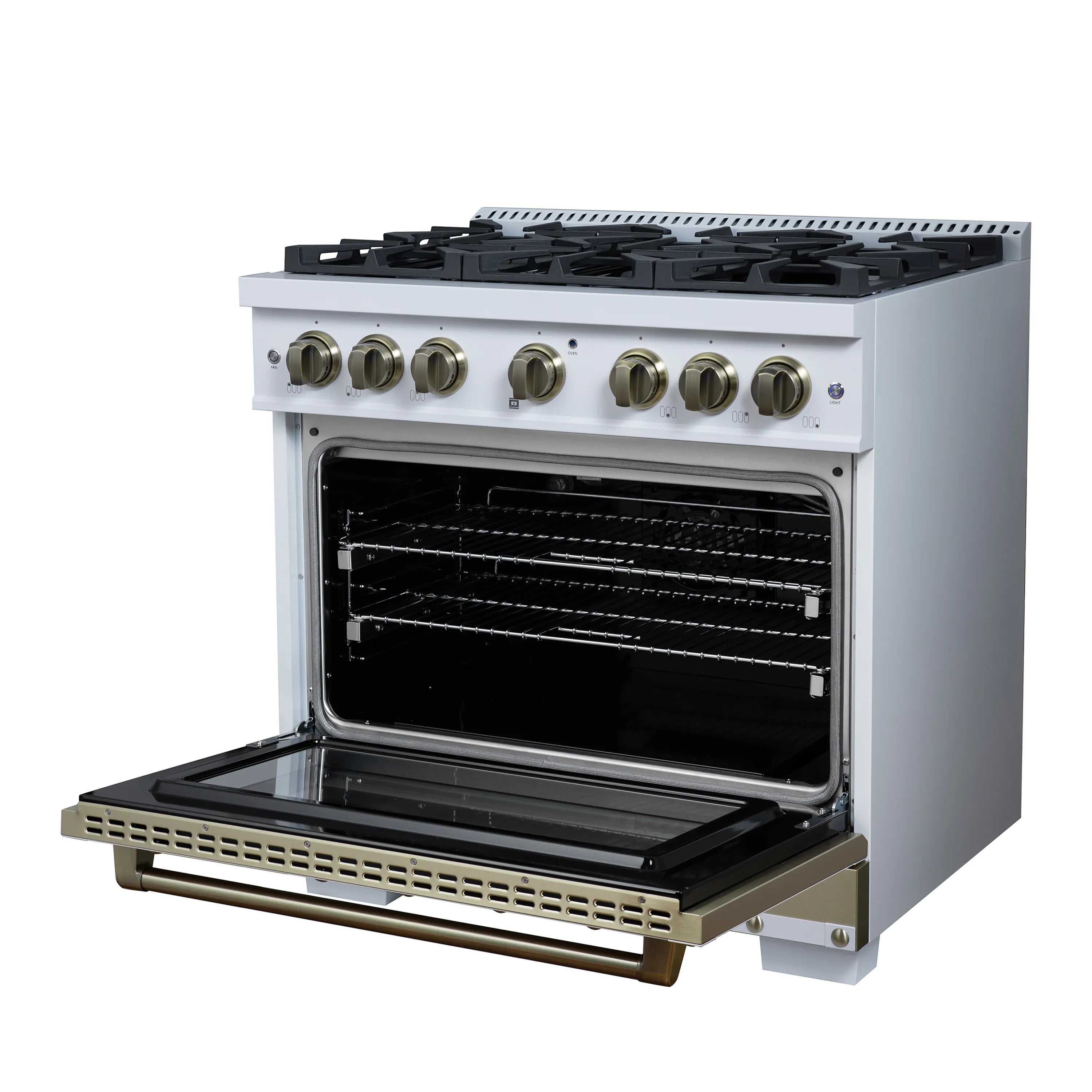 FORNO Valente 36-Inch Gas Range in White with Antique Brass Handle and Decorative Copper Trim, 5.2 Cu.Ft. Convection Oven, 6 Sealed Burnes, 71 000 BTU Cooktop Output, Telescopic Racks (FFSGS6299-36CPWHT)