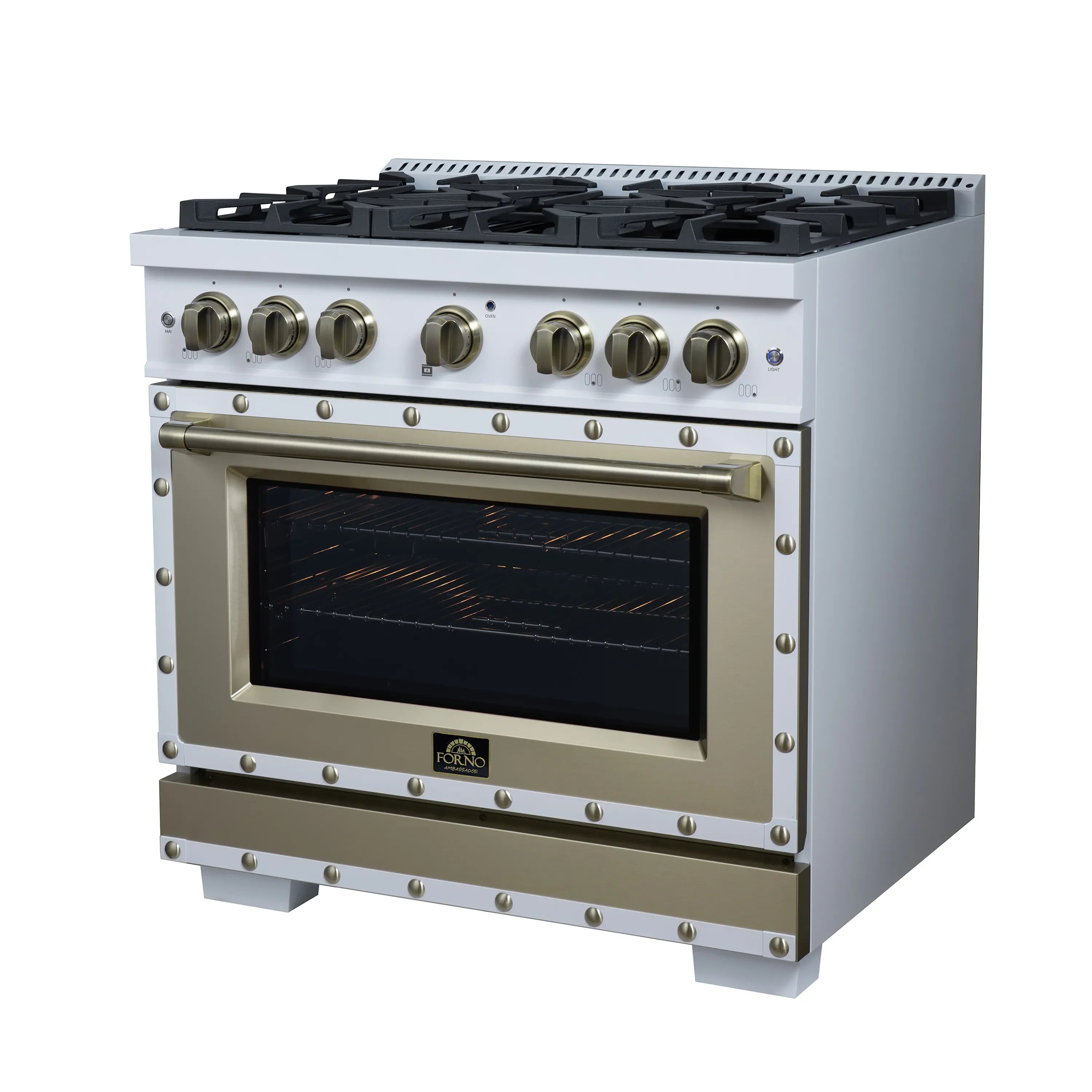 FORNO Valente 36-Inch Gas Range in White with Antique Brass Handle and Decorative Copper Trim, 5.2 Cu.Ft. Convection Oven, 6 Sealed Burnes, 71 000 BTU Cooktop Output, Telescopic Racks (FFSGS6299-36CPWHT)
