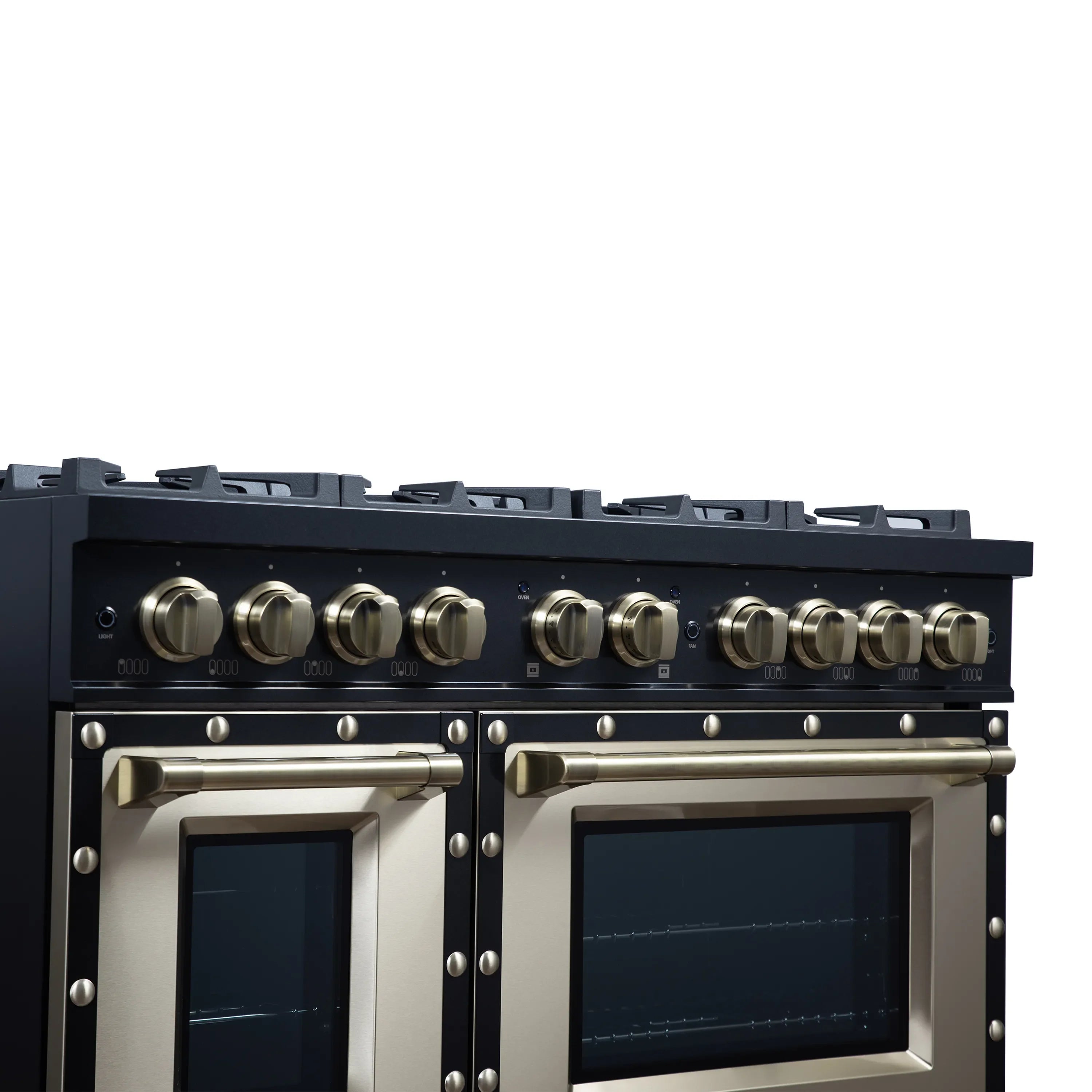 FORNO Valente 48-Inch Gas Range in Black with Antique Brass Handle and Decorative Copper Trim, 6.7 Cu. Ft. Double Oven, 8 Sealed Burners, 94 000 BTU Cooktop Output, Telescopic Racks ( FFSGS6299-48CPBLK)