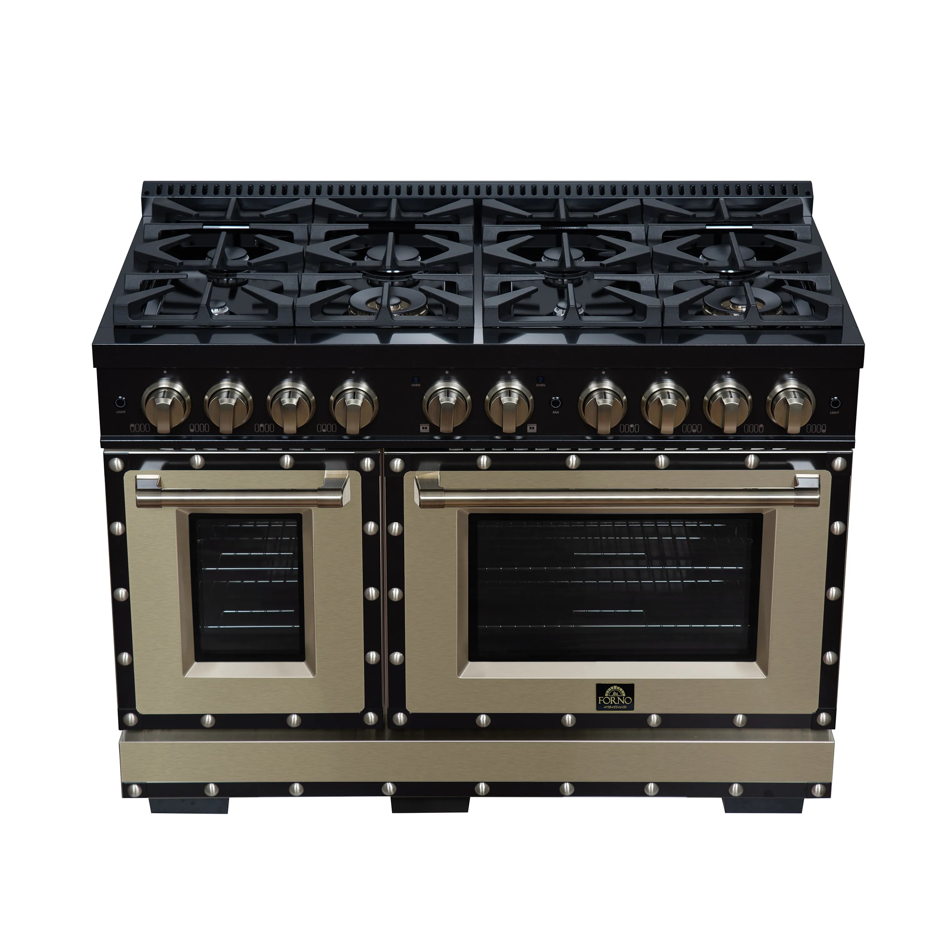 FORNO Valente 48-Inch Gas Range in Black with Antique Brass Handle and Decorative Copper Trim, 6.7 Cu. Ft. Double Oven, 8 Sealed Burners, 94 000 BTU Cooktop Output, Telescopic Racks ( FFSGS6299-48CPBLK)