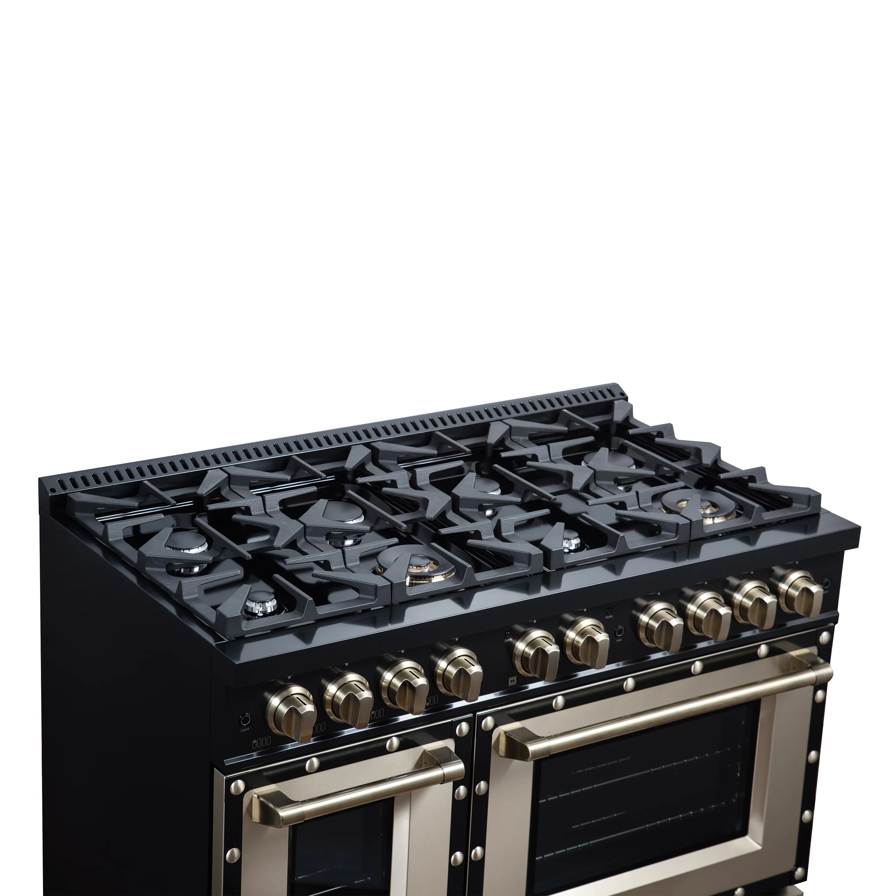 FORNO Valente 48-Inch Gas Range in Black with Antique Brass Handle and Decorative Copper Trim, 6.7 Cu. Ft. Double Oven, 8 Sealed Burners, 94 000 BTU Cooktop Output, Telescopic Racks ( FFSGS6299-48CPBLK)