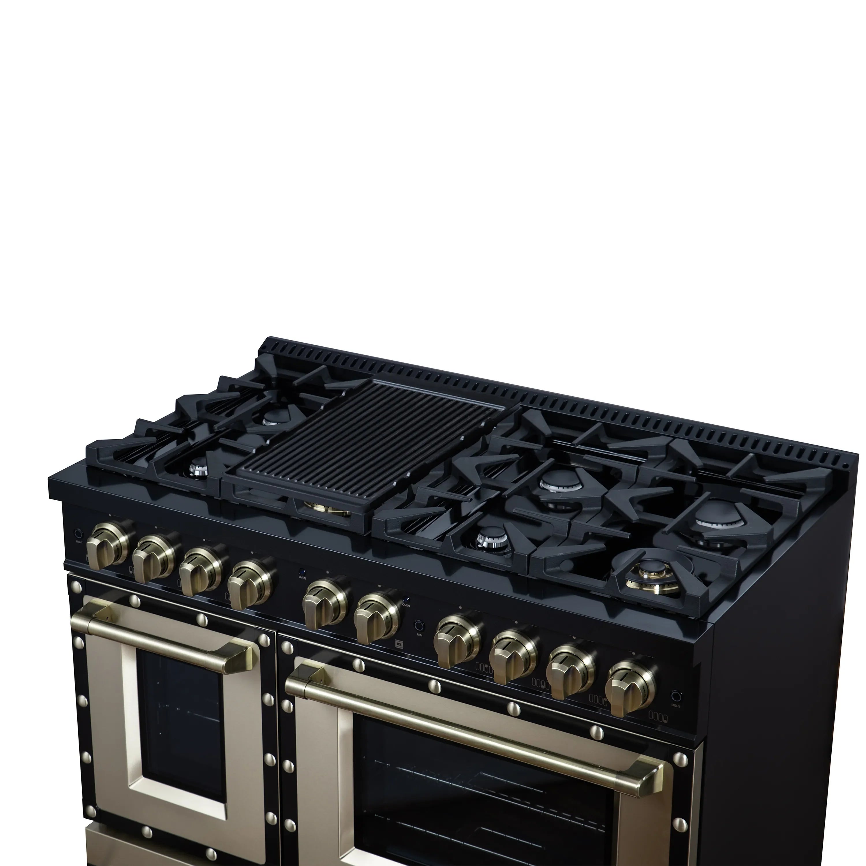 FORNO Valente 48-Inch Gas Range in Black with Antique Brass Handle and Decorative Copper Trim, 6.7 Cu. Ft. Double Oven, 8 Sealed Burners, 94 000 BTU Cooktop Output, Telescopic Racks ( FFSGS6299-48CPBLK)
