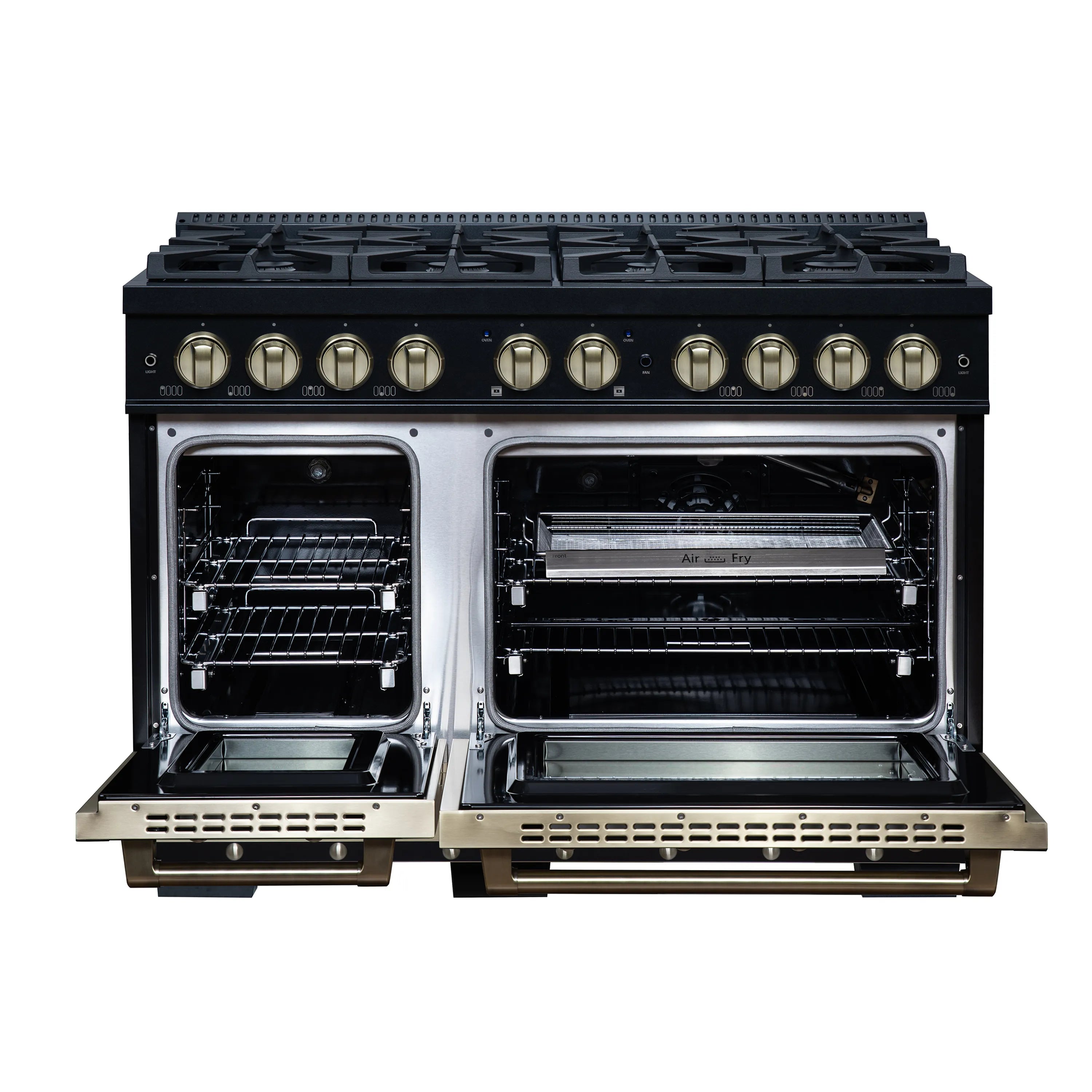 FORNO Valente 48-Inch Gas Range in Black with Antique Brass Handle and Decorative Copper Trim, 6.7 Cu. Ft. Double Oven, 8 Sealed Burners, 94 000 BTU Cooktop Output, Telescopic Racks ( FFSGS6299-48CPBLK)