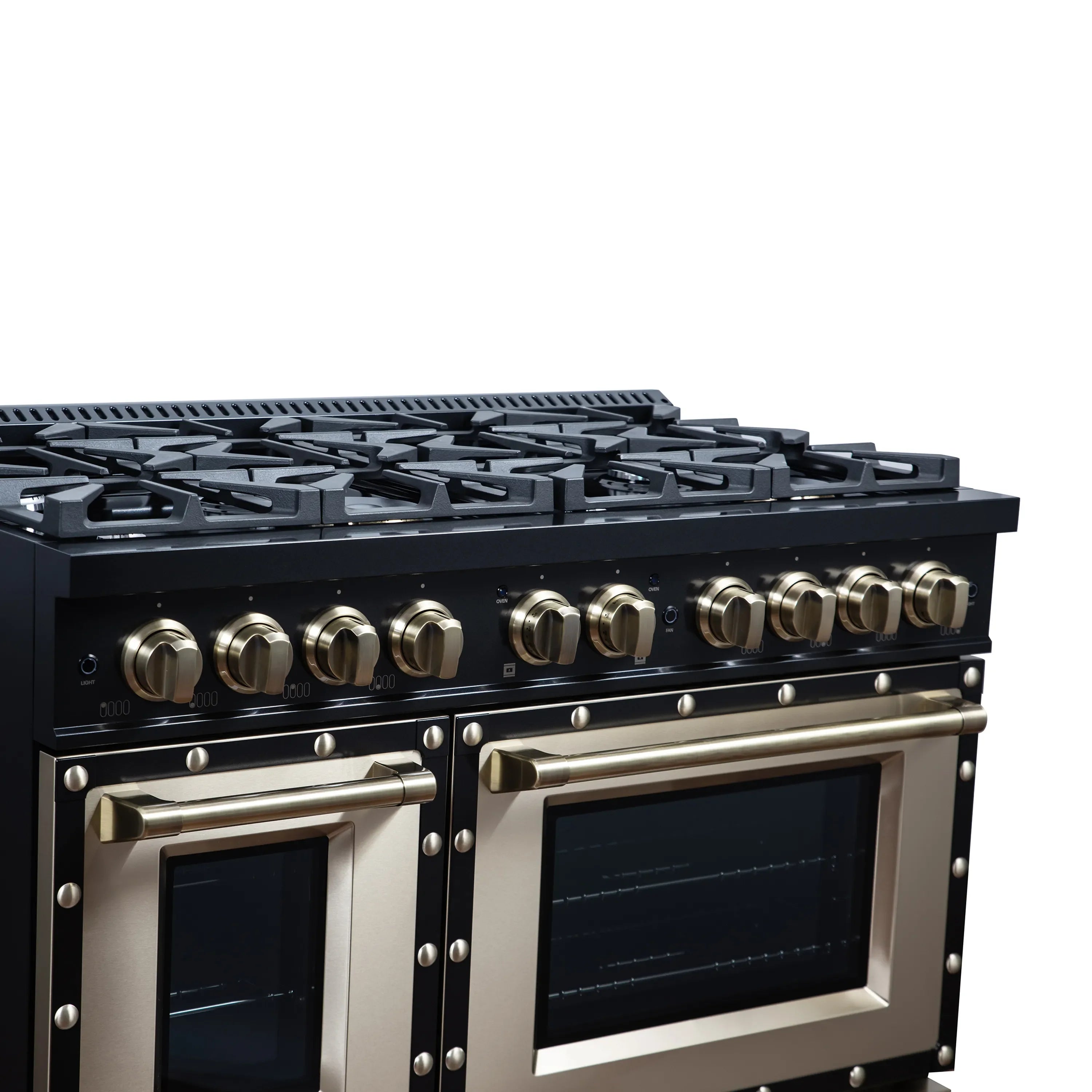 FORNO Valente 48-Inch Gas Range in Black with Antique Brass Handle and Decorative Copper Trim, 6.7 Cu. Ft. Double Oven, 8 Sealed Burners, 94 000 BTU Cooktop Output, Telescopic Racks ( FFSGS6299-48CPBLK)