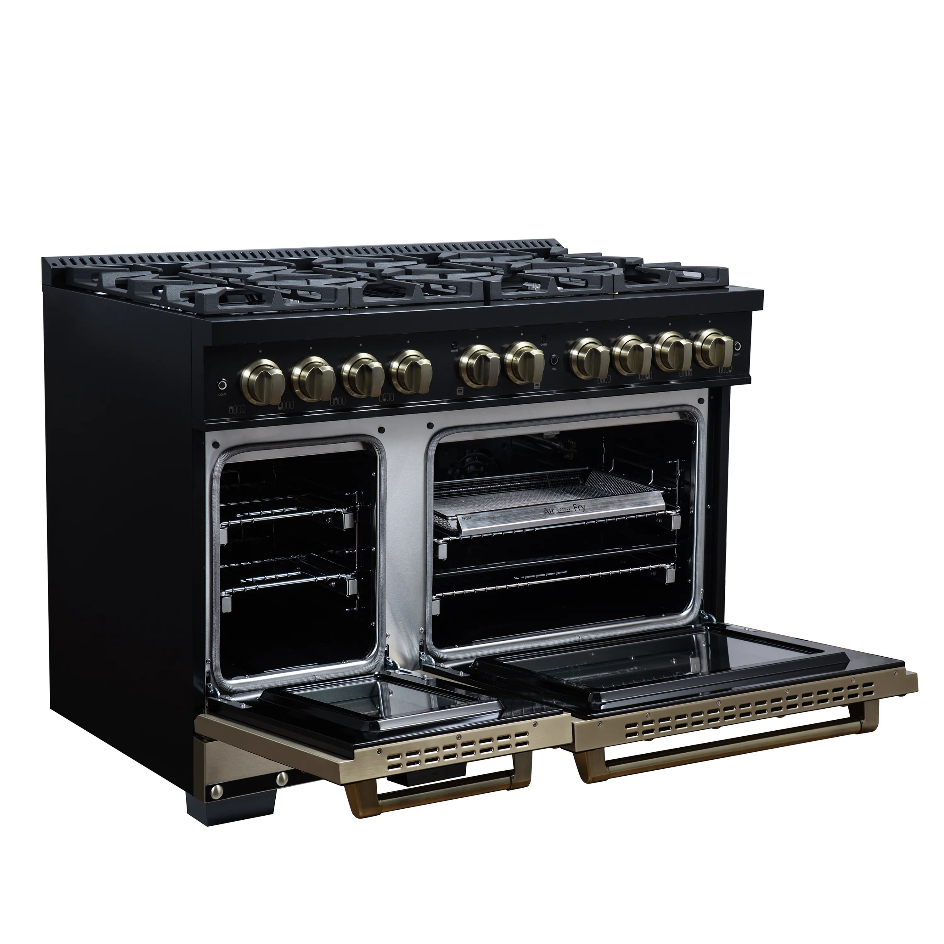 FORNO Valente 48-Inch Gas Range in Black with Antique Brass Handle and Decorative Copper Trim, 6.7 Cu. Ft. Double Oven, 8 Sealed Burners, 94 000 BTU Cooktop Output, Telescopic Racks ( FFSGS6299-48CPBLK)