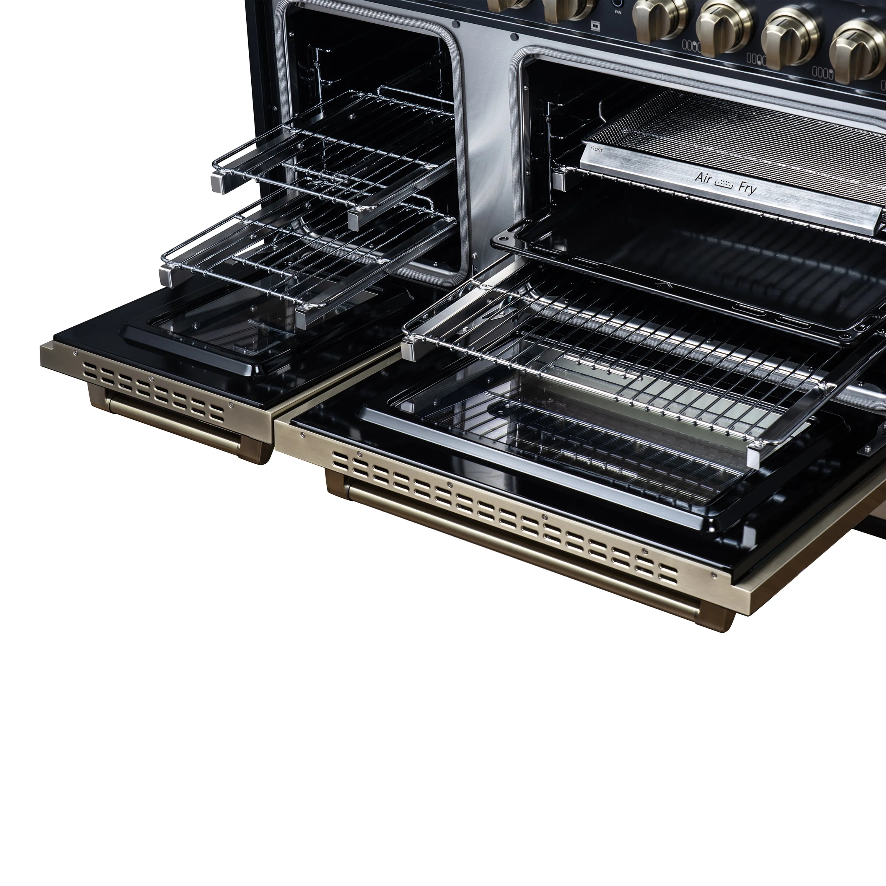 FORNO Valente 48-Inch Gas Range in Black with Antique Brass Handle and Decorative Copper Trim, 6.7 Cu. Ft. Double Oven, 8 Sealed Burners, 94 000 BTU Cooktop Output, Telescopic Racks ( FFSGS6299-48CPBLK)