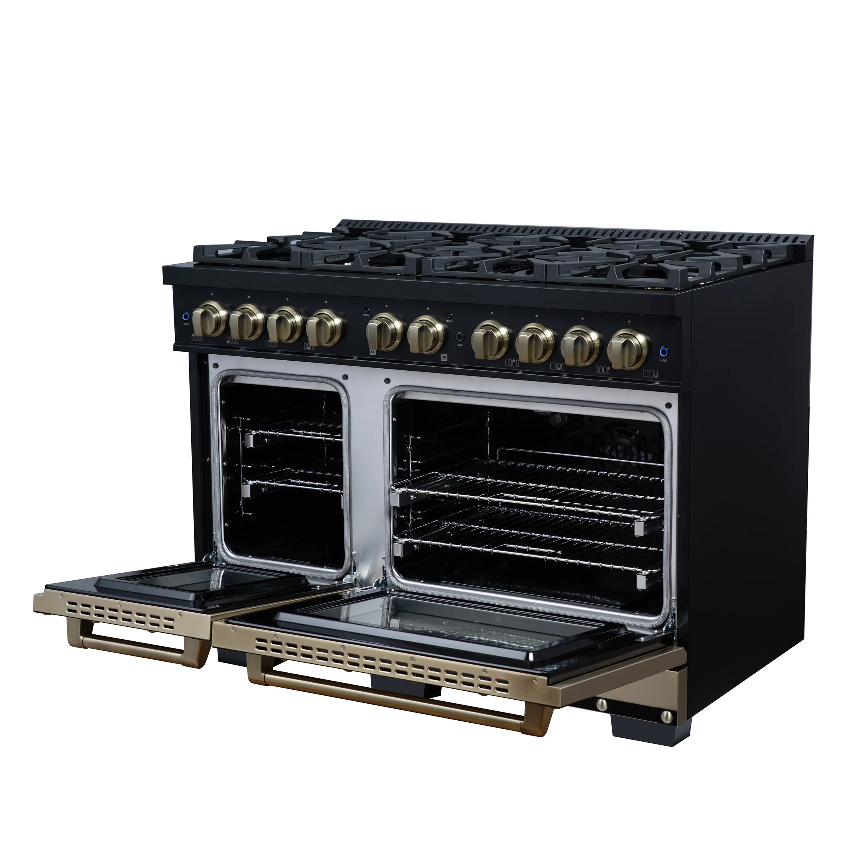 FORNO Valente 48-Inch Gas Range in Black with Antique Brass Handle and Decorative Copper Trim, 6.7 Cu. Ft. Double Oven, 8 Sealed Burners, 94 000 BTU Cooktop Output, Telescopic Racks ( FFSGS6299-48CPBLK)