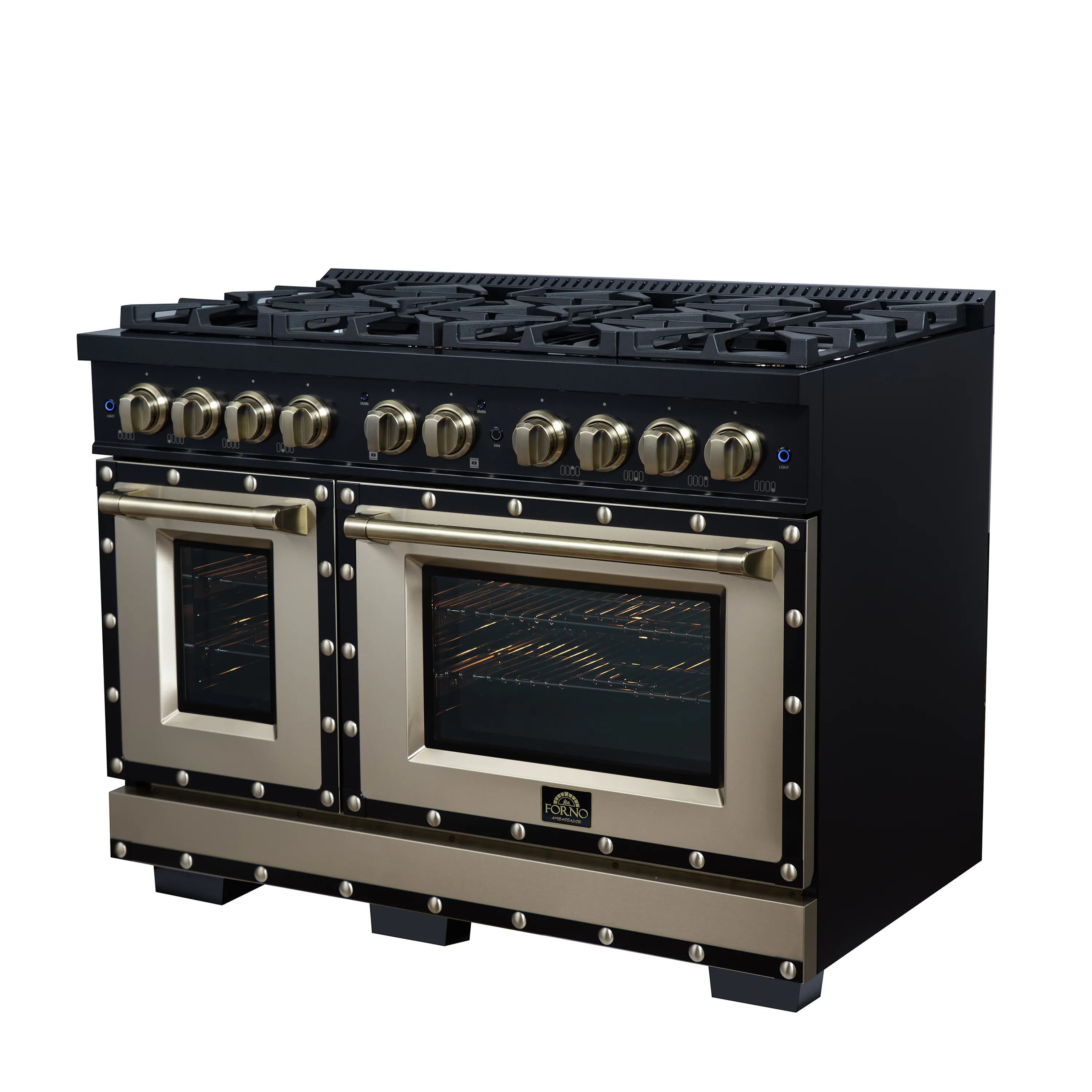 FORNO Valente 48-Inch Gas Range in Black with Antique Brass Handle and Decorative Copper Trim, 6.7 Cu. Ft. Double Oven, 8 Sealed Burners, 94 000 BTU Cooktop Output, Telescopic Racks ( FFSGS6299-48CPBLK)